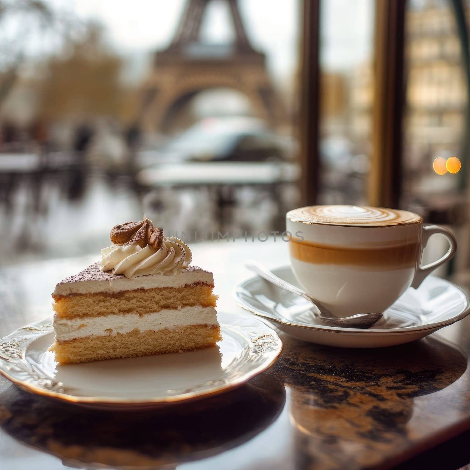 Sitting at a cozy table in a Parisian café, a slice of cake topped with cream and a cup of coffee await, with the Eiffel Tower gracing the view outside the window.