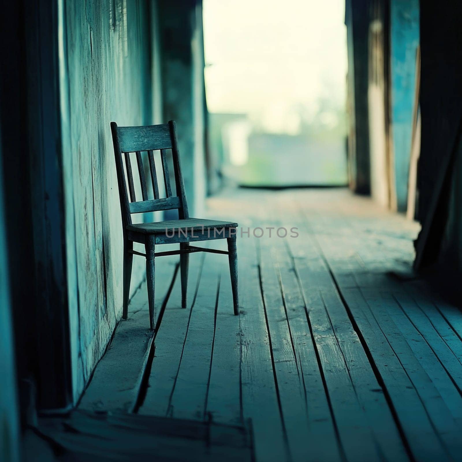A single worn wooden chair rests in a long, dimly lit corridor of an abandoned building. The aged wooden floorboards stretch into the distance, creating a sense of solitude.