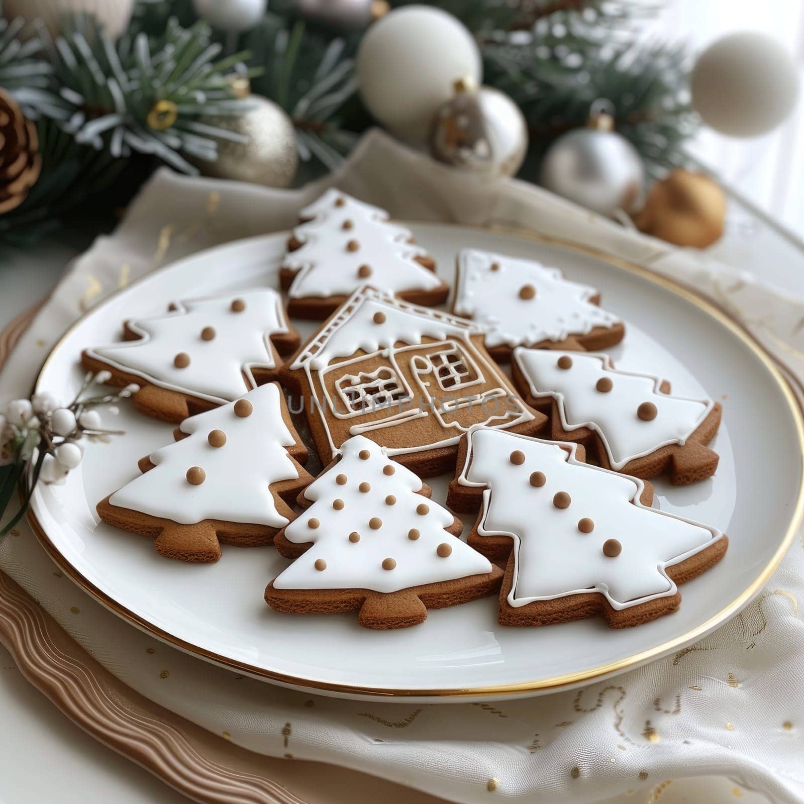 Delicious gingerbread cookies shaped like trees and houses are beautifully arranged on an elegant plate. The setting showcases festive decorations, creating a warm winter atmosphere.
