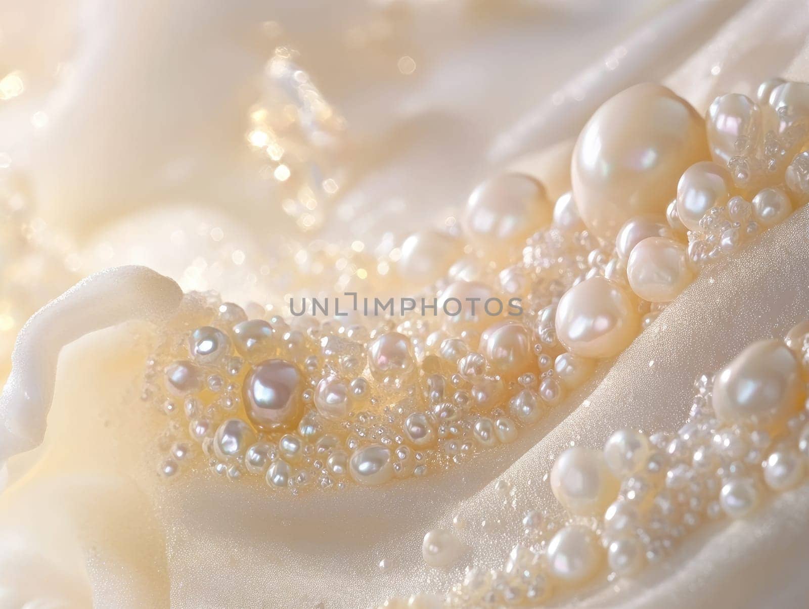 A beautiful collection of pearls in various sizes and shapes rests gently on soft fabric, reflecting light and revealing stunning details. Each pearl showcases its unique brilliance and texture.