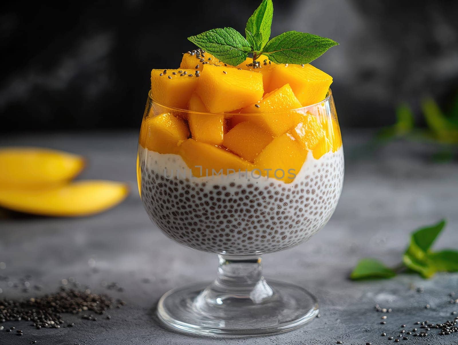 A glass bowl holds creamy chia seed pudding layered with vibrant yellow mango pieces and garnished with fresh mint leaves, placed on a dark background.