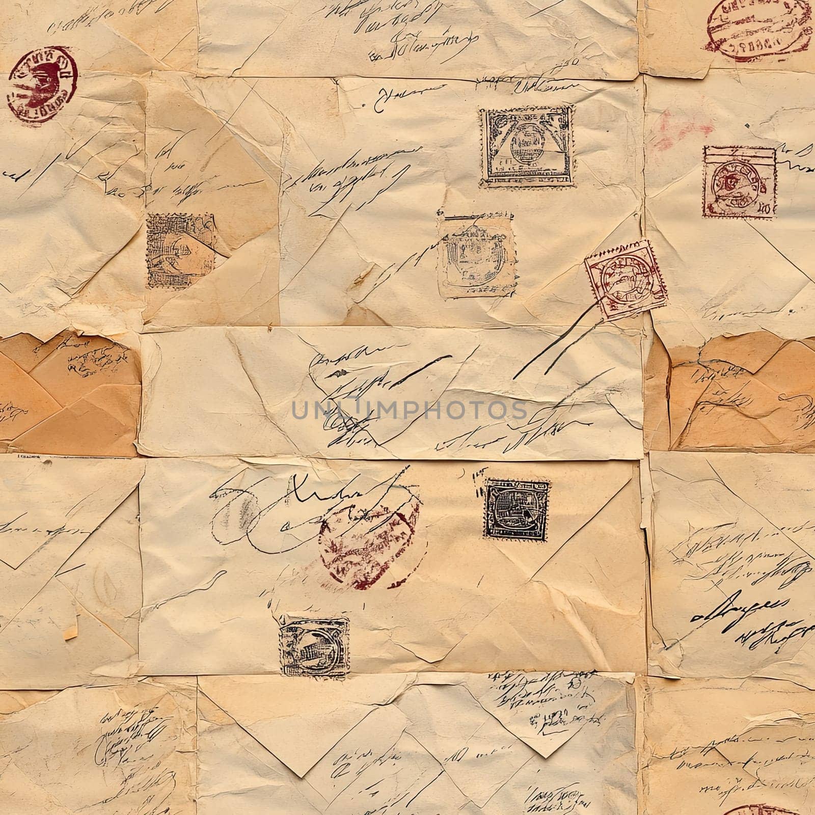 Display includes aged envelopes layered over one another, featuring unique handwritten notes and various vintage stamps, highlighting historical communication artifacts.