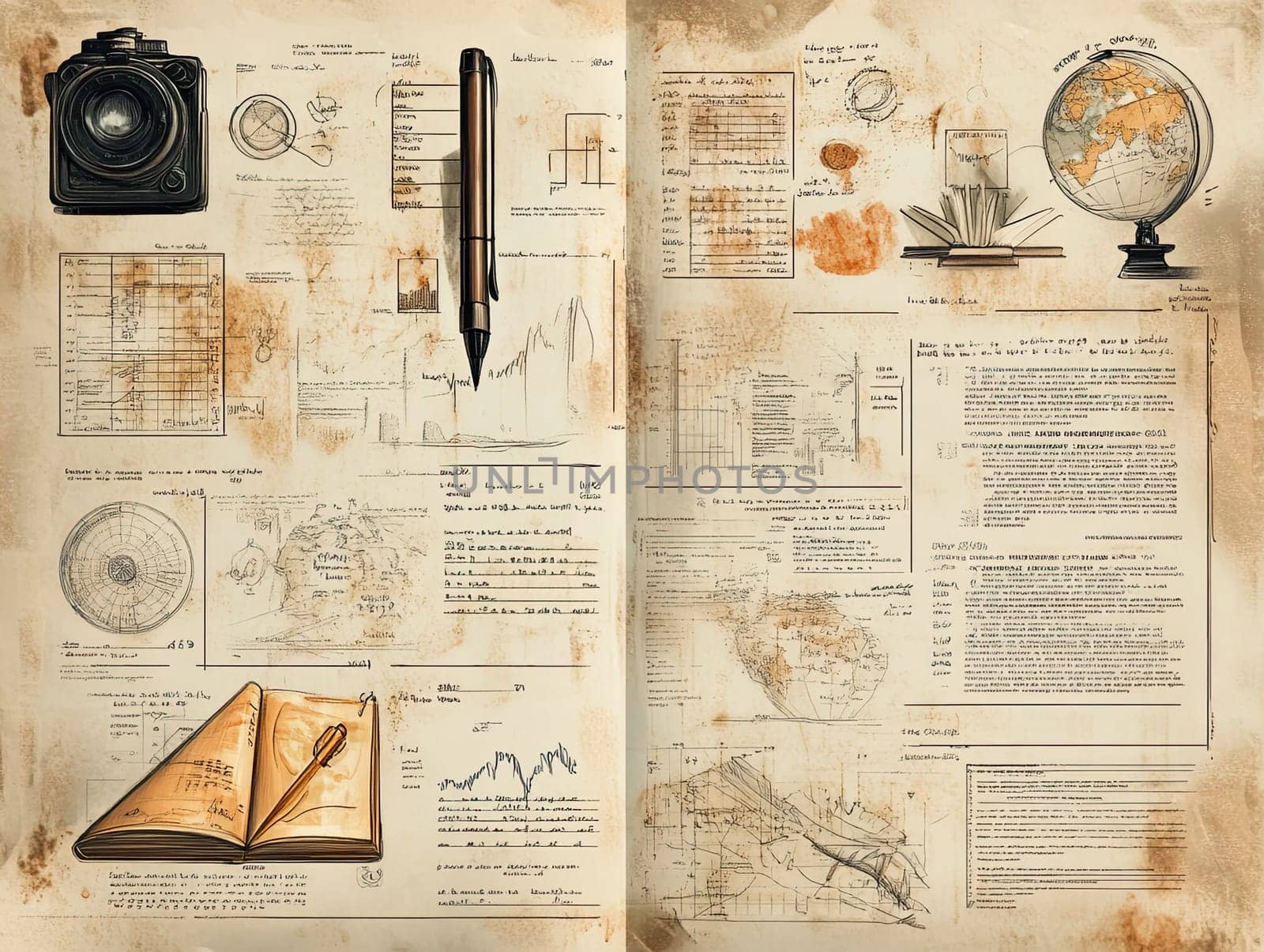 Detailed depiction of a geographical journal from the early 20th century, featuring maps, graphs, and handwritten notes that document exploration activities and findings.