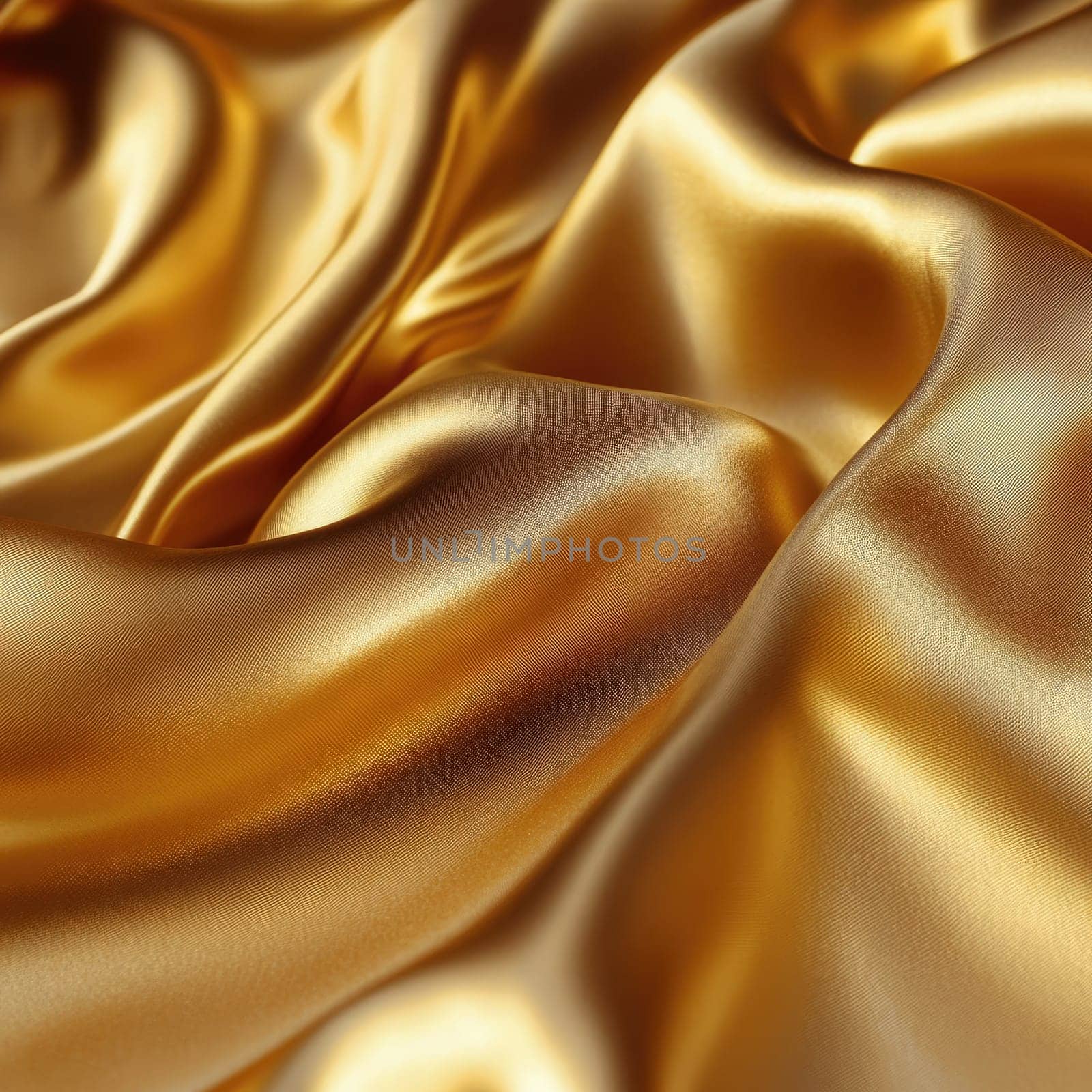 The gold silk fabric flows effortlessly, showcasing a rich texture and shimmering quality that reflects light beautifully. Perfect for upscale decor or fashion.