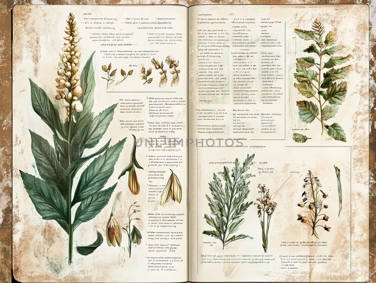 Detailed botanical sketches present various plant species, showcasing their features and providing descriptions in a vintage style. Each illustration highlights unique flora and their characteristics.