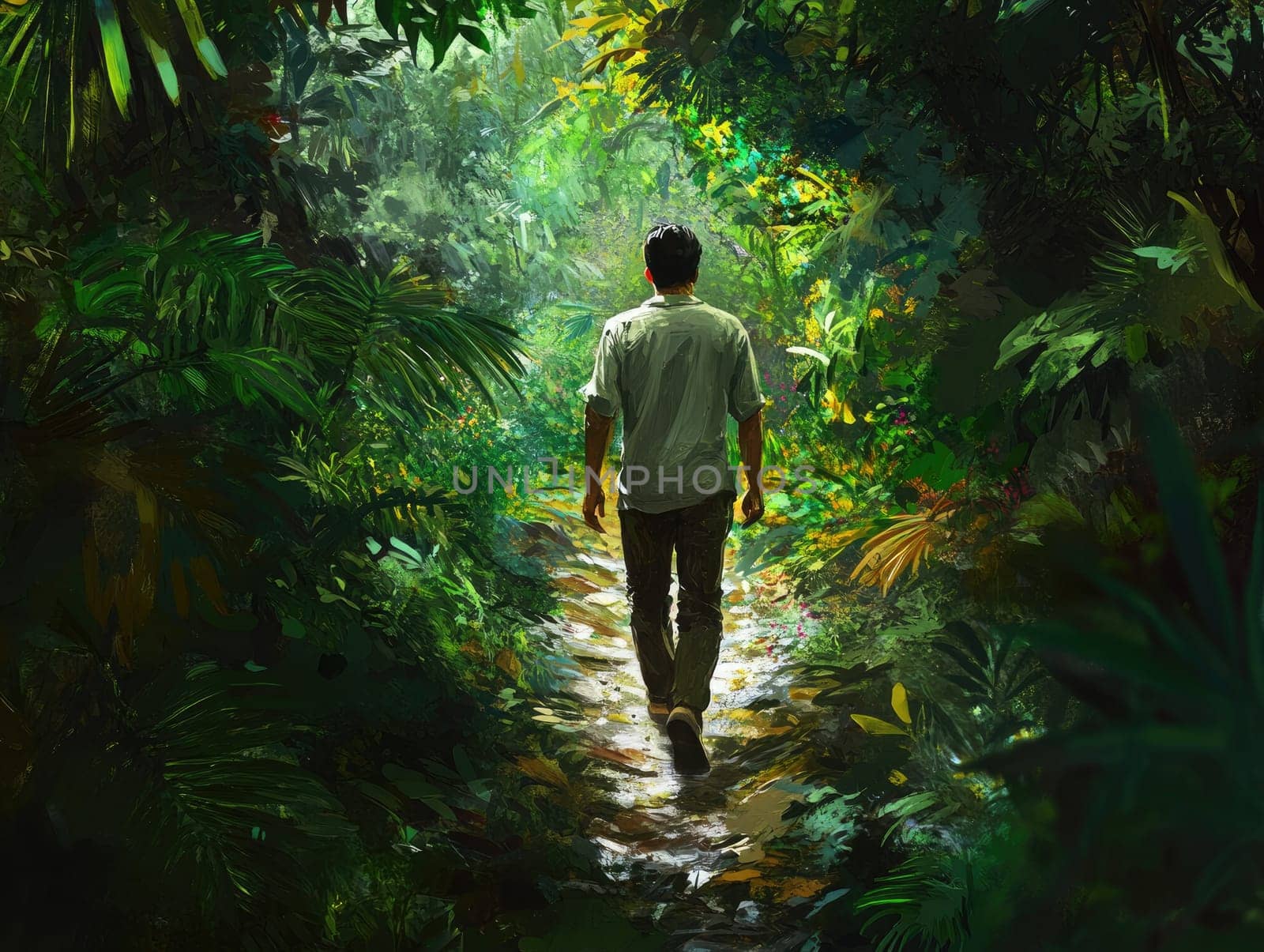 A person walks through a dense jungle, surrounded by vibrant greenery on all sides, sunlight filtering through the leaves, creating a serene atmosphere.