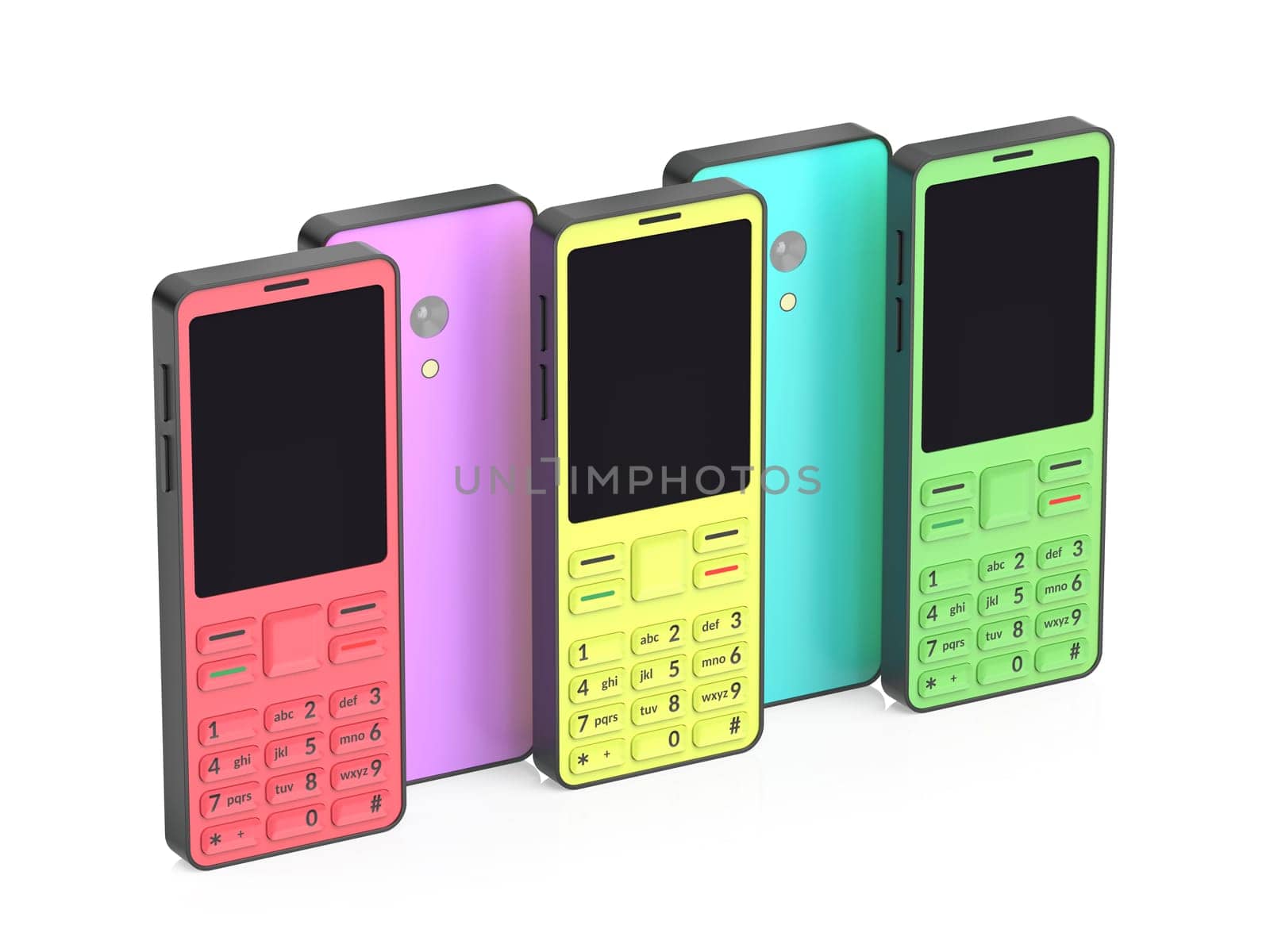 Row of colorful mobile phones on a white background