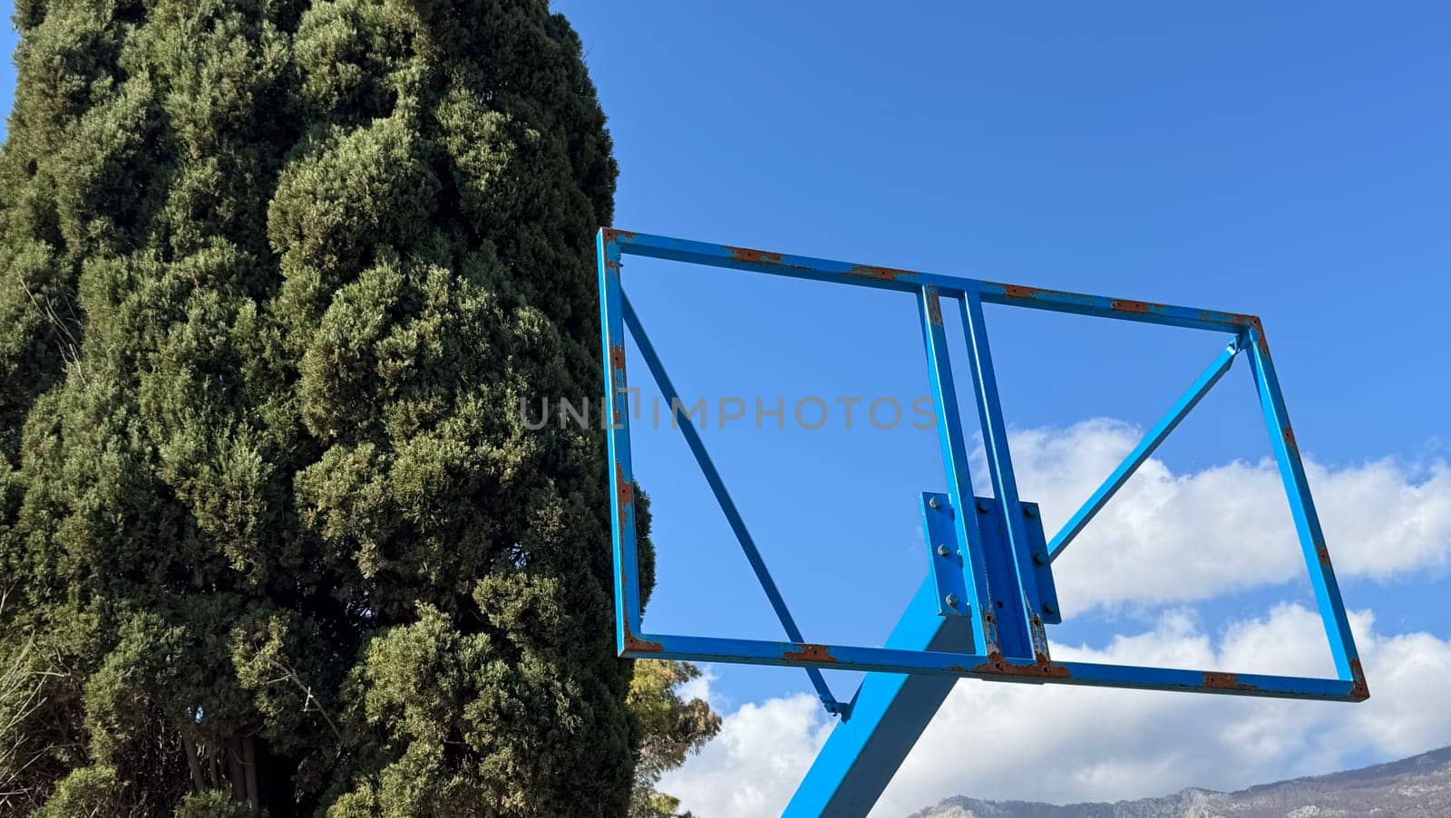 Rusty, hollow blue basketball hoop frame against tall evergreen tree and blue sky. High quality photo