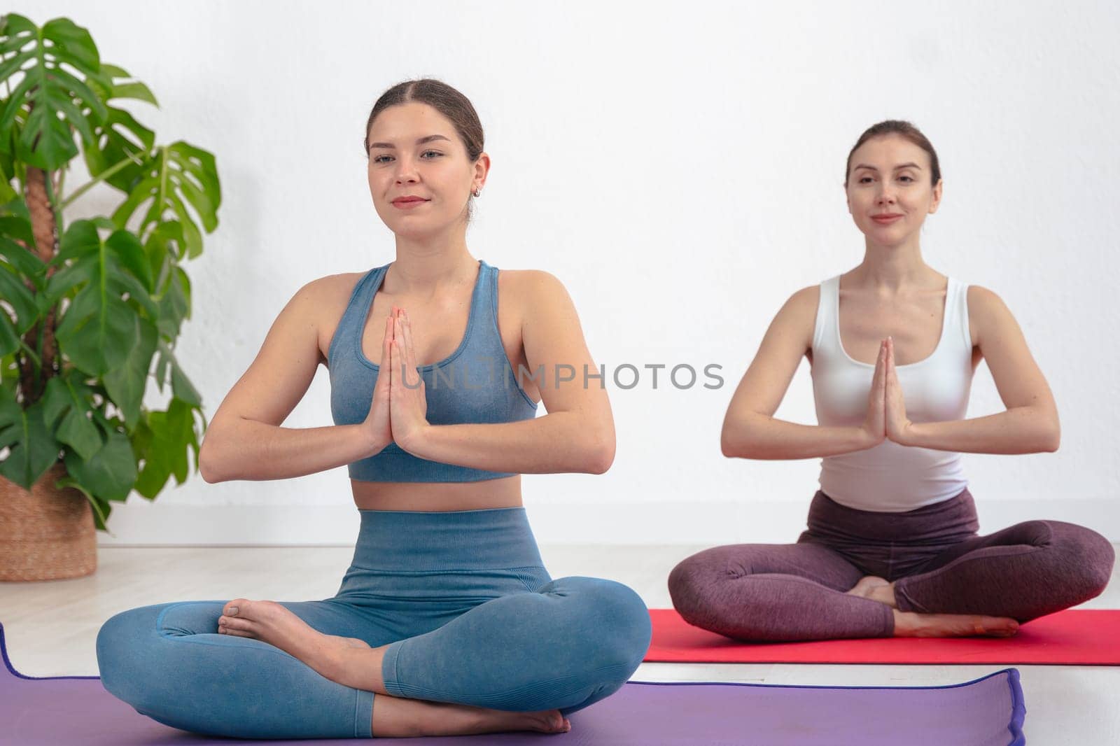 Caucasian women practicing yoga in seated lotus pose with palms together, wearing sportswear on mats in a bright indoor space. Calm expression and focus reflect mindfulness and healthy lifestyle