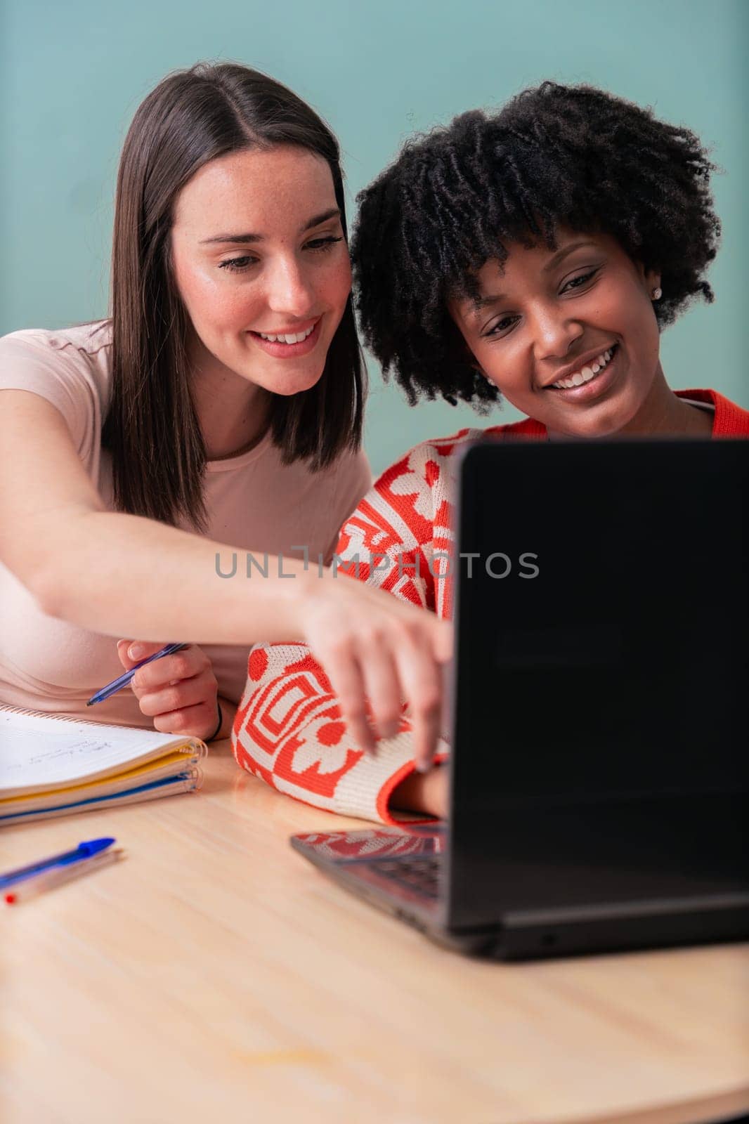 Caucasian and African American students work together using a laptop and notebook.Focused and cheerful, they collaborate in a cozy indoor space,representing learning, diversity, and teamwork. Vertical