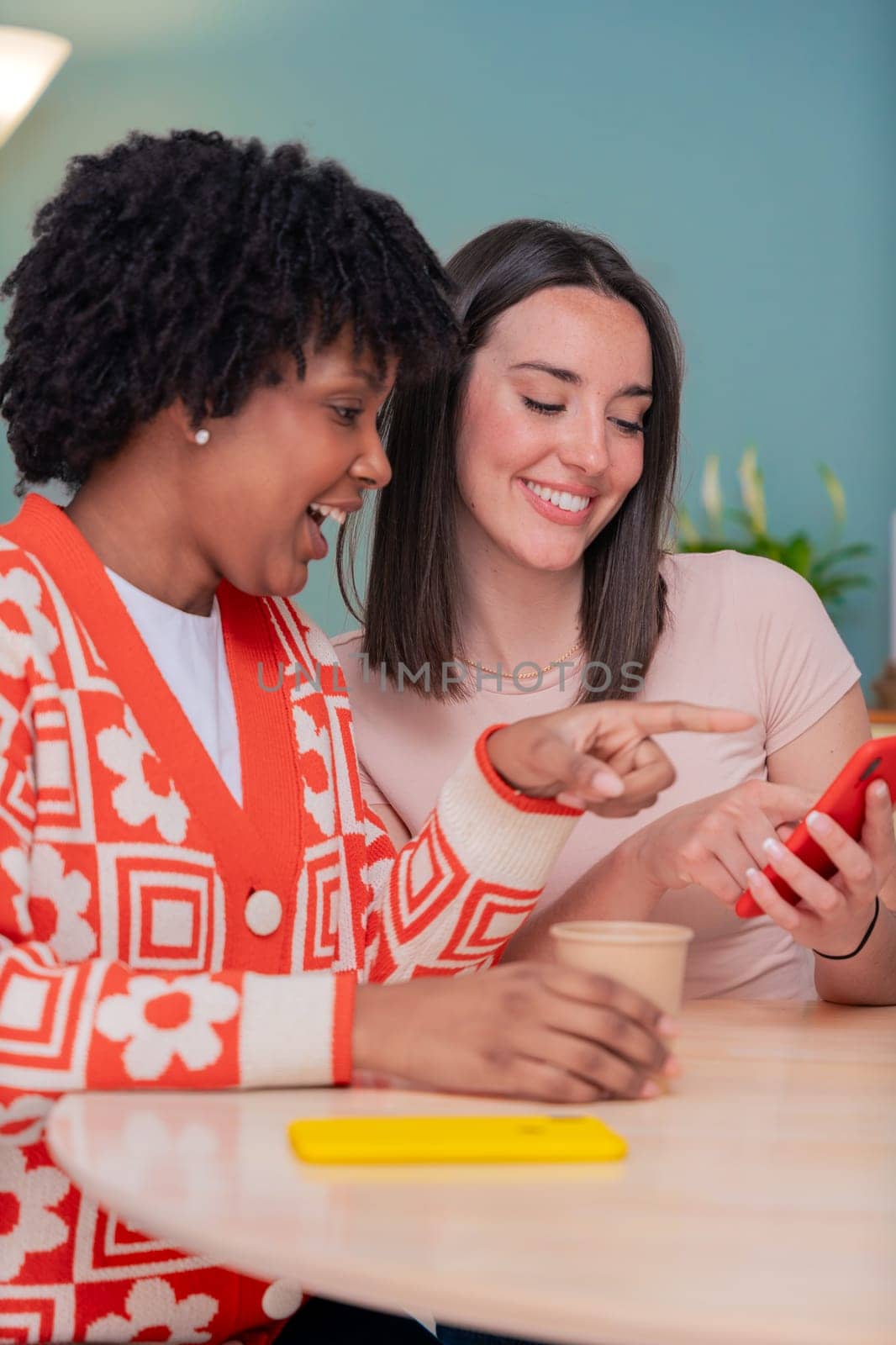 Caucasian and African American friends share a joyful moment as they look at a mobile phone together. Their smiles and relaxed vibe highlight connection, friendship, and digital engagement indoors.