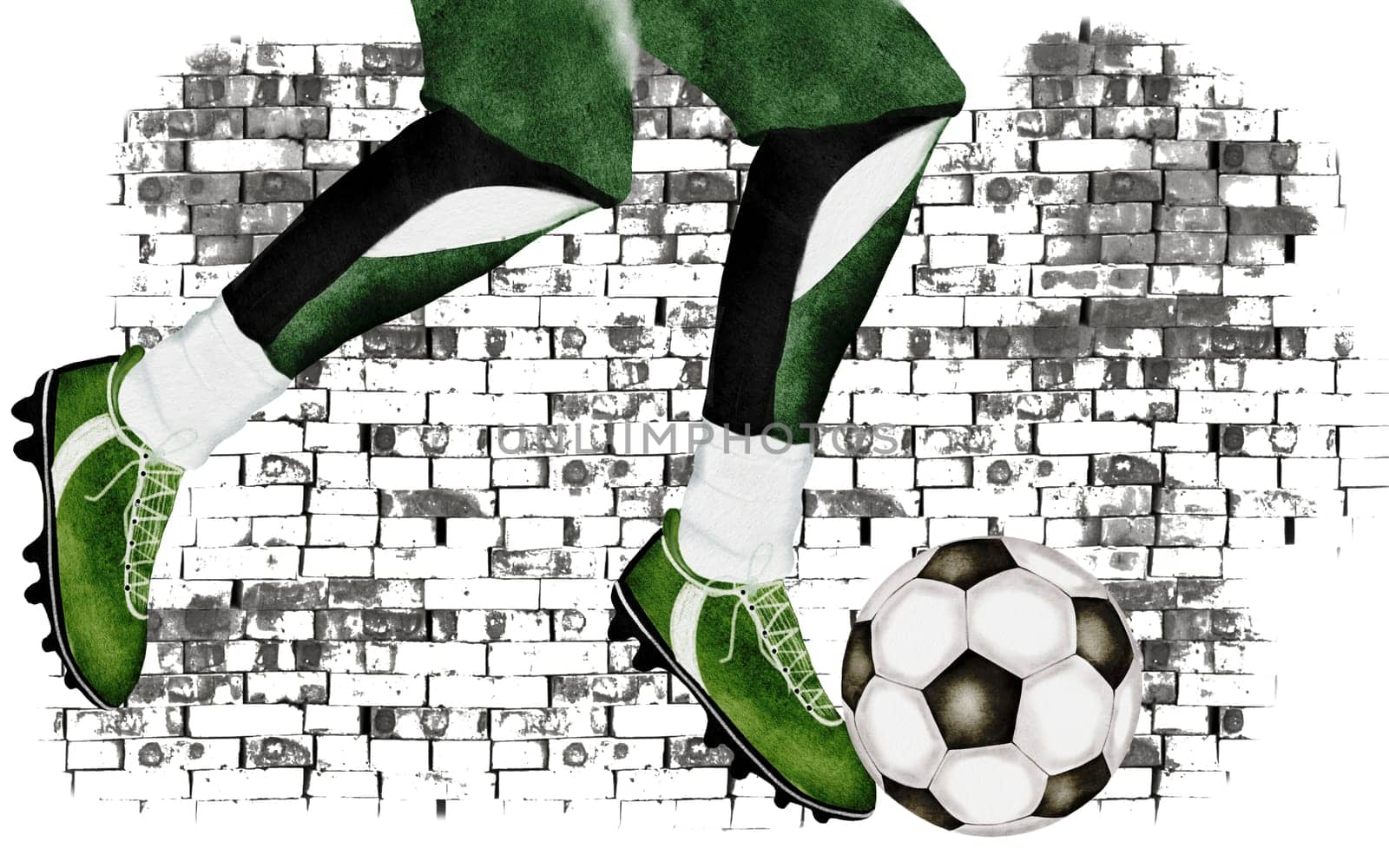 Soccer ball and footballer's legs watercolor illustration. Hand drawn sports equipment on white background. Clip art football. Ideal for posters and game tickets. High quality illustration