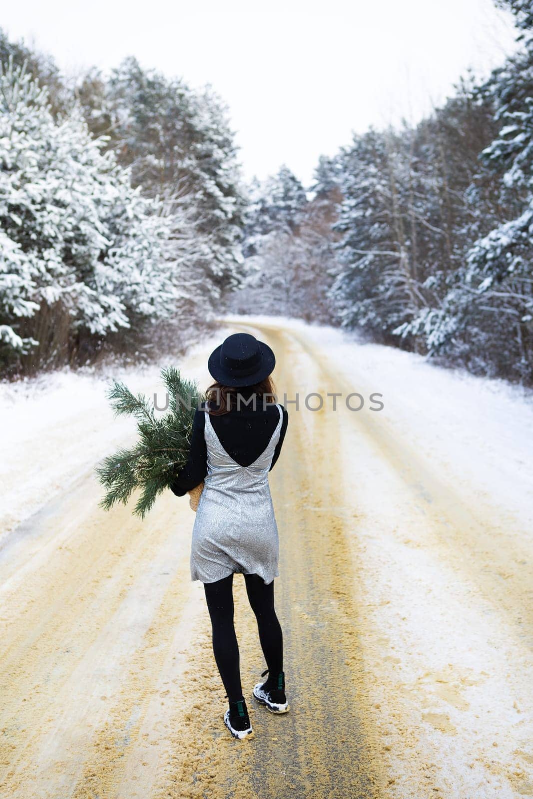 A girl in a dress and hat stands with her back in the middle of a winter road in the forest