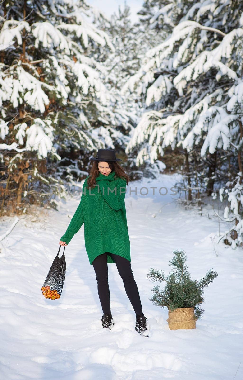 A young beautiful girl in a green sweater and hat stands in the winter forest with a basket with pine branches and a string bag with tangerines. Sunny day