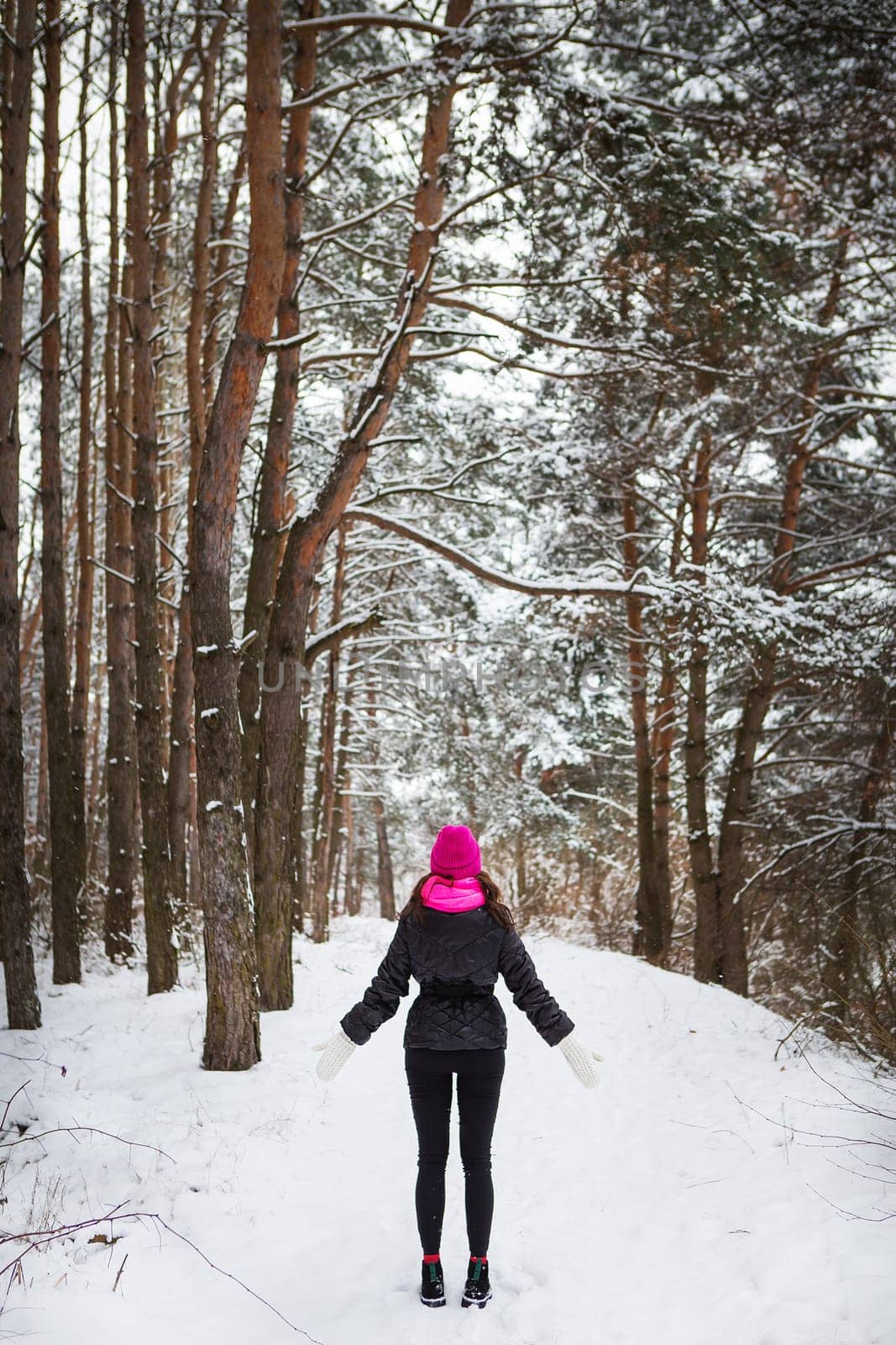 A girl in a pink scarf and hat stands in the middle of a pine forest. Beautiful pine forest on a frosty day