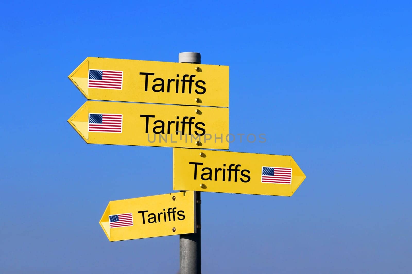 Signs with the words tariffs and the US flag pointing in different directions