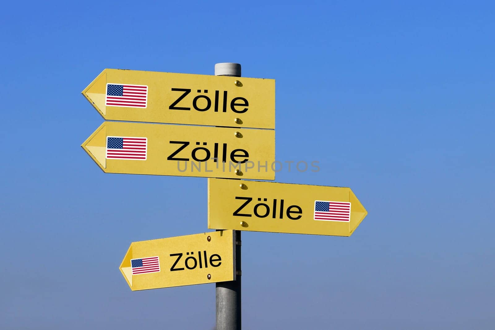 Signs with the words tariffs and the US flag pointing in different directions