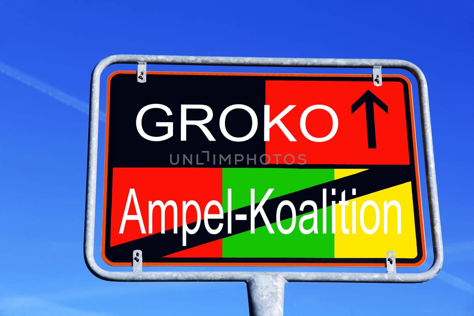 Traffic sign from the traffic light coalition to the Groko in Germany in the different colors of the parties