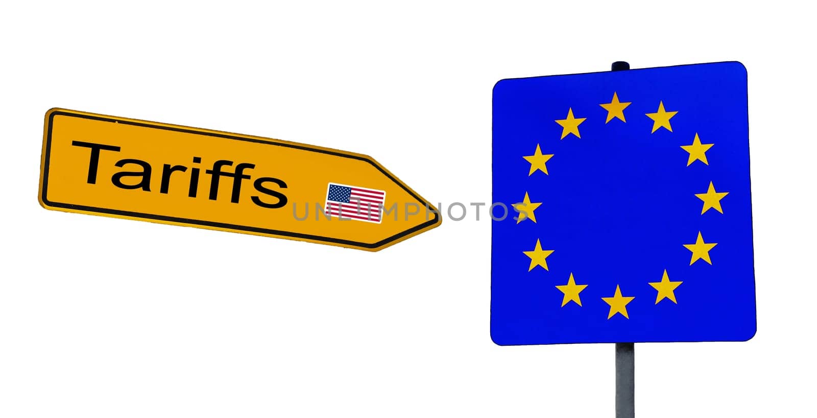 A sign with the word tariffs points to an EU sign