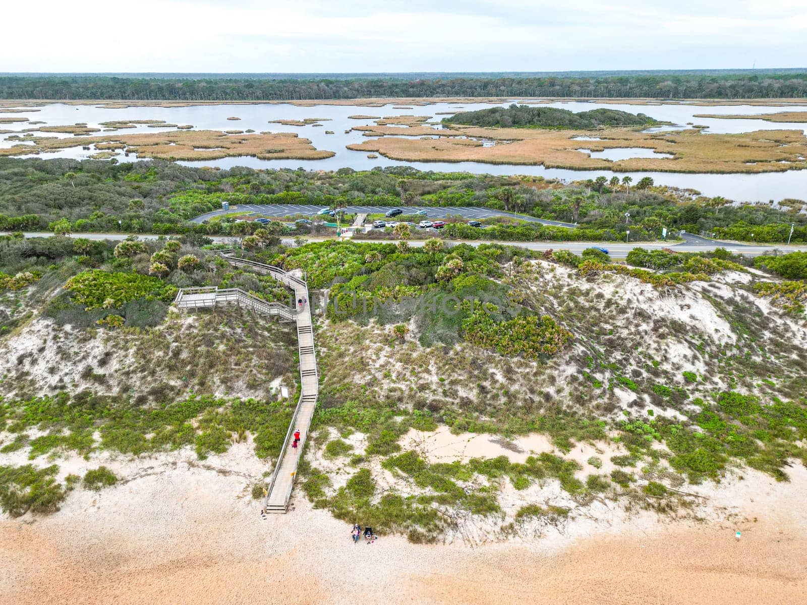 A scenic wooden walkway winds through coastal dunes, leading visitors to a serene beach. Lush sea oats and native grasses frame the path, highlighting the area s natural beauty and tranquility.
