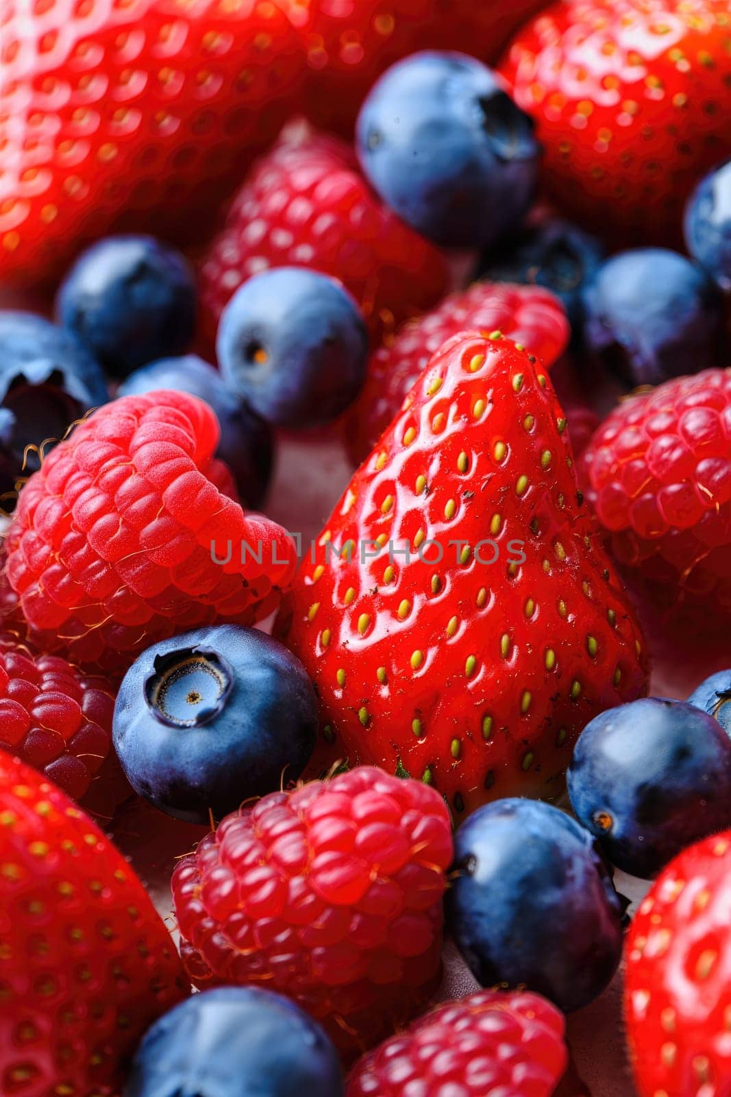 A vibrant collection of ripe strawberries and blueberries creates an inviting display.