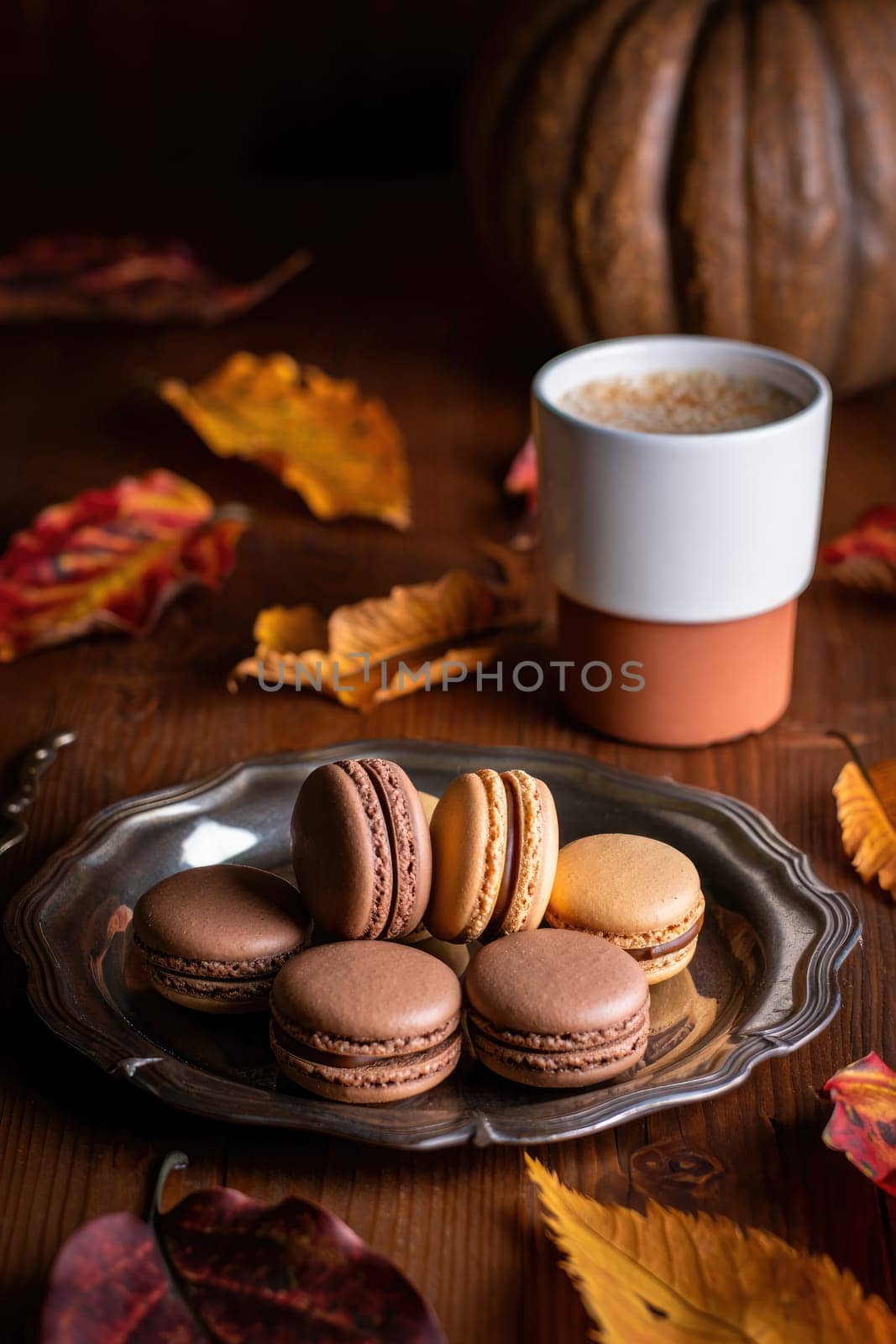 Assorted macarons sit on a silver platter next to a warm drink in a cozy setting filled with autumn leaves. The earthy colors evoke a festive, inviting atmosphere perfect for fall.