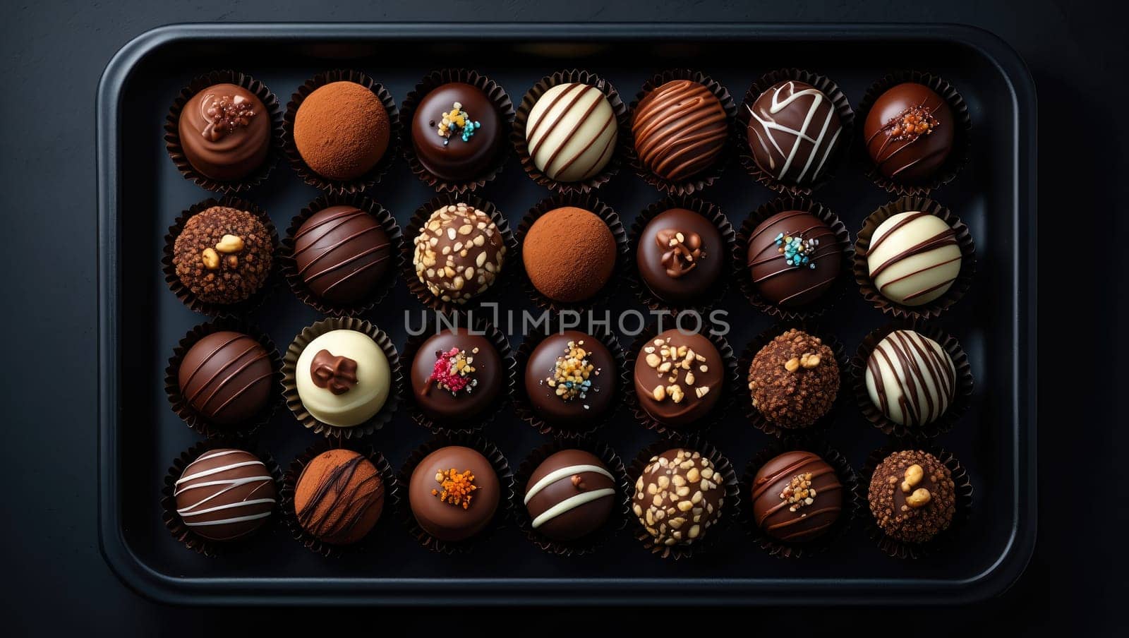 A collection of various handmade chocolates neatly arranged in a black tray. The chocolates come in different shapes, sizes, and toppings, showcasing a variety of rich flavors and textures.