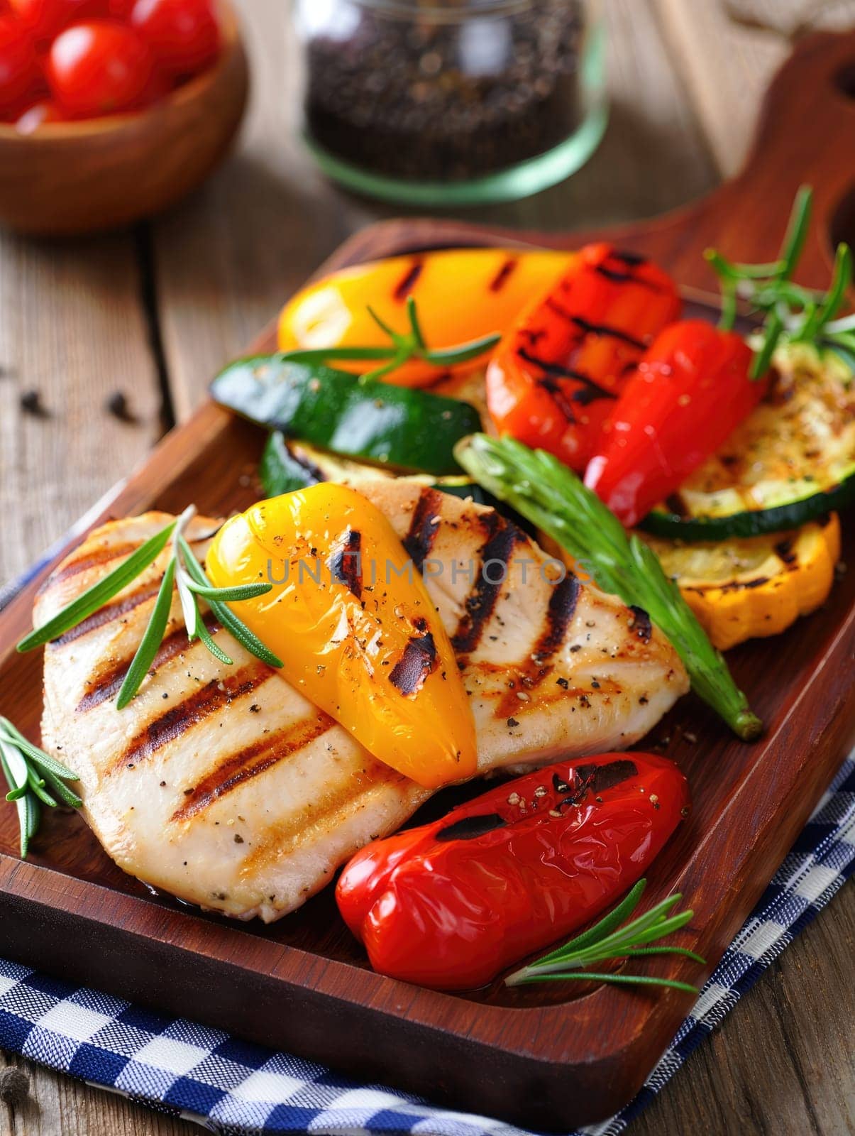 Grilled chicken fillets and assorted colorful vegetables are arranged on a wooden platter. The dish features vibrant peppers, zucchini, and green beans, highlighting a healthy meal preparation.