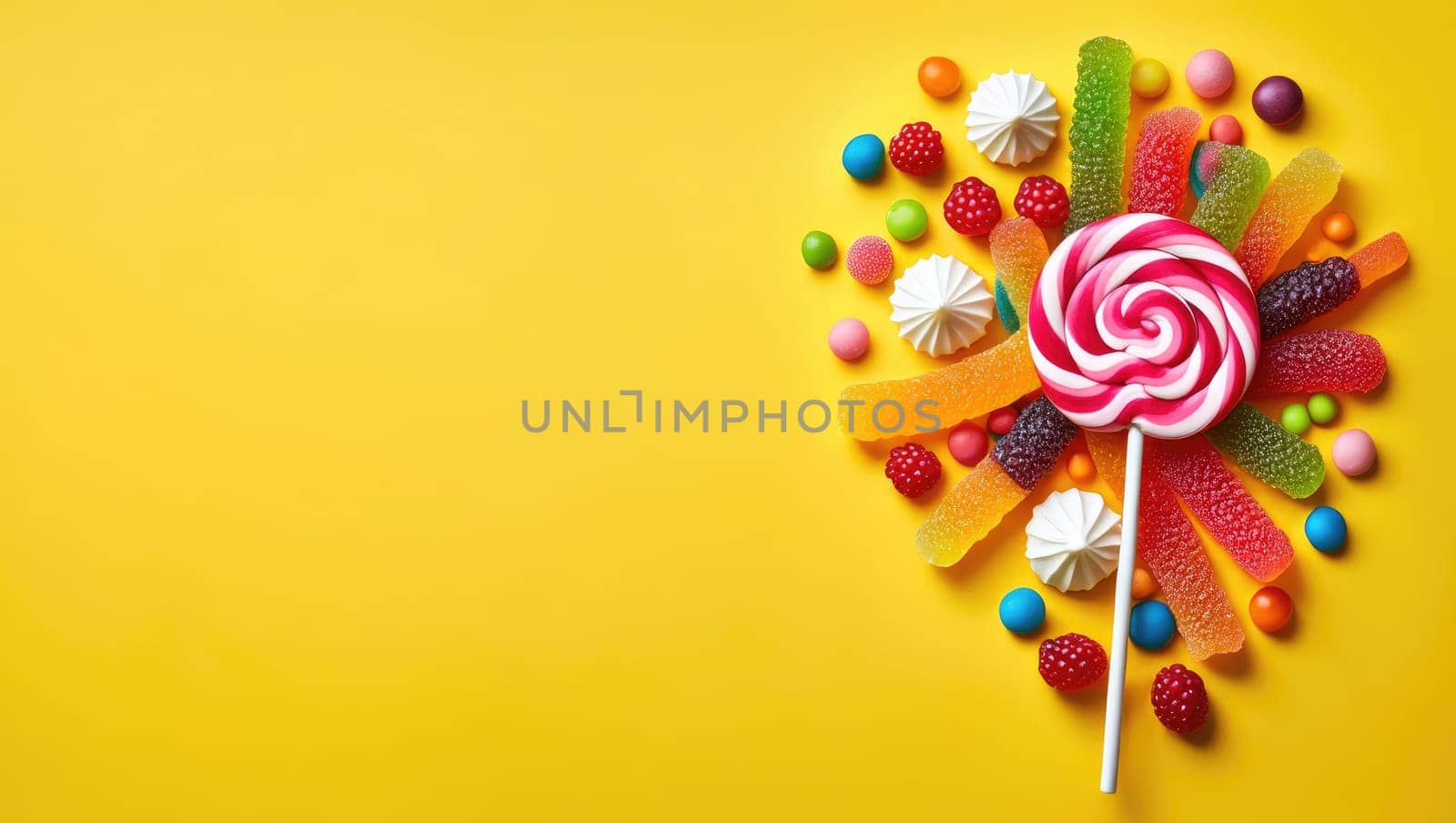 A collection of vibrant candies arranged creatively on a sunny yellow background.