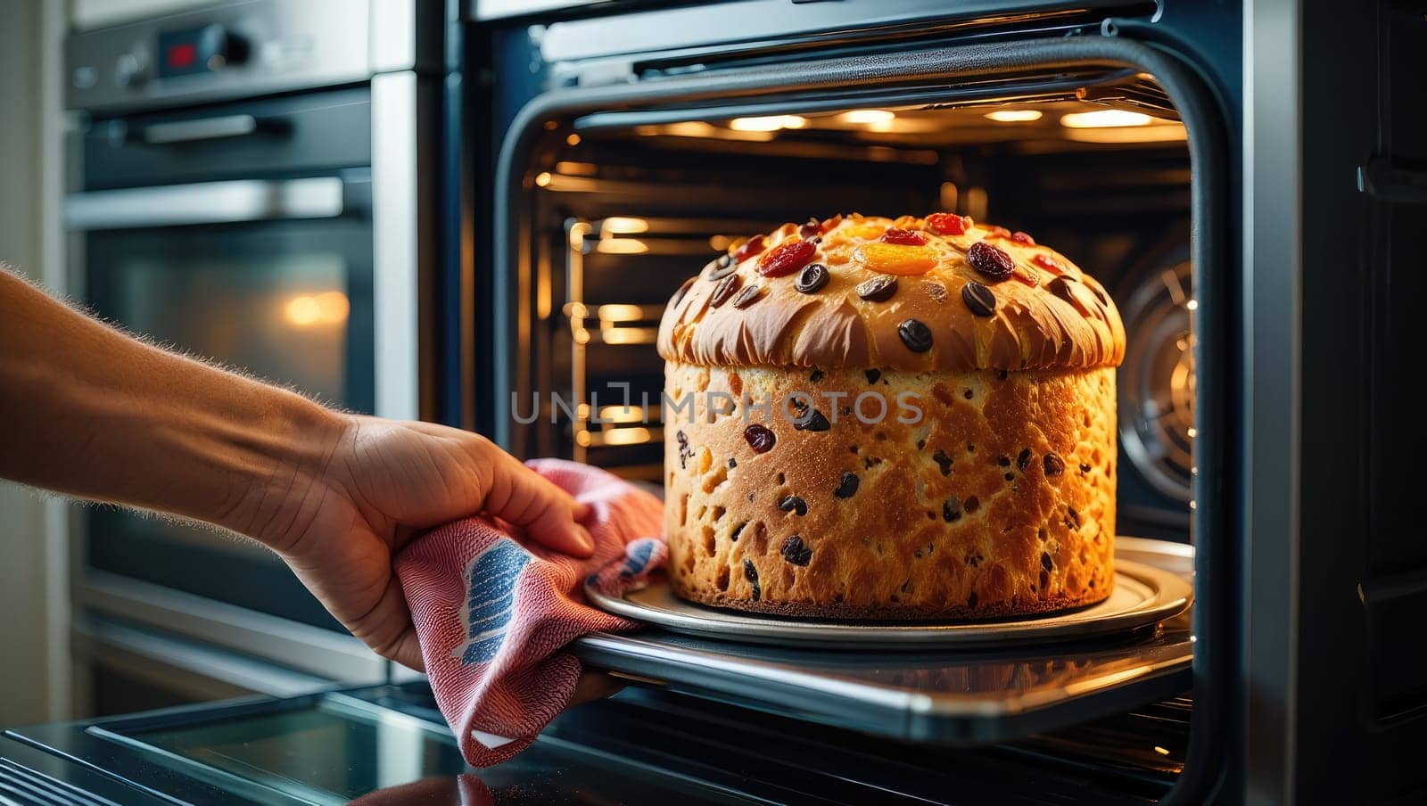 A person is carefully removing a large round loaf of bread from an oven. The bread has a golden crust adorned with various toppings and is still warm.