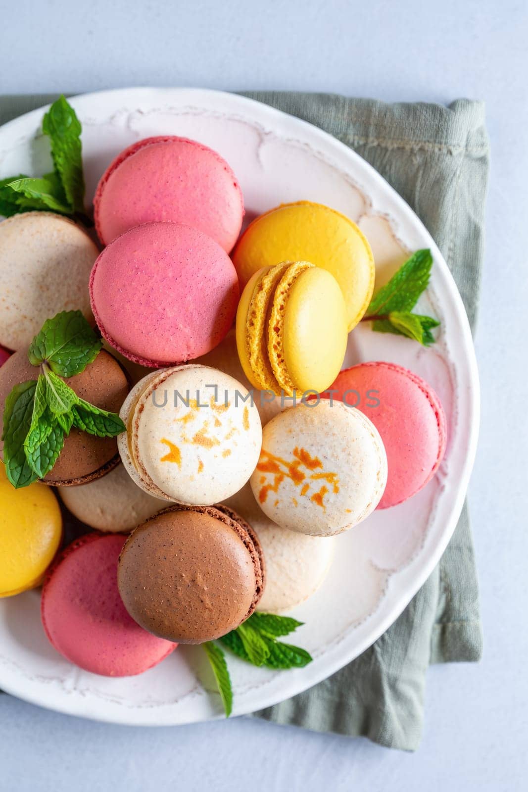 An enticing selection of colorful macarons is arranged on a decorative plate, garnished with fresh mint leaves.
