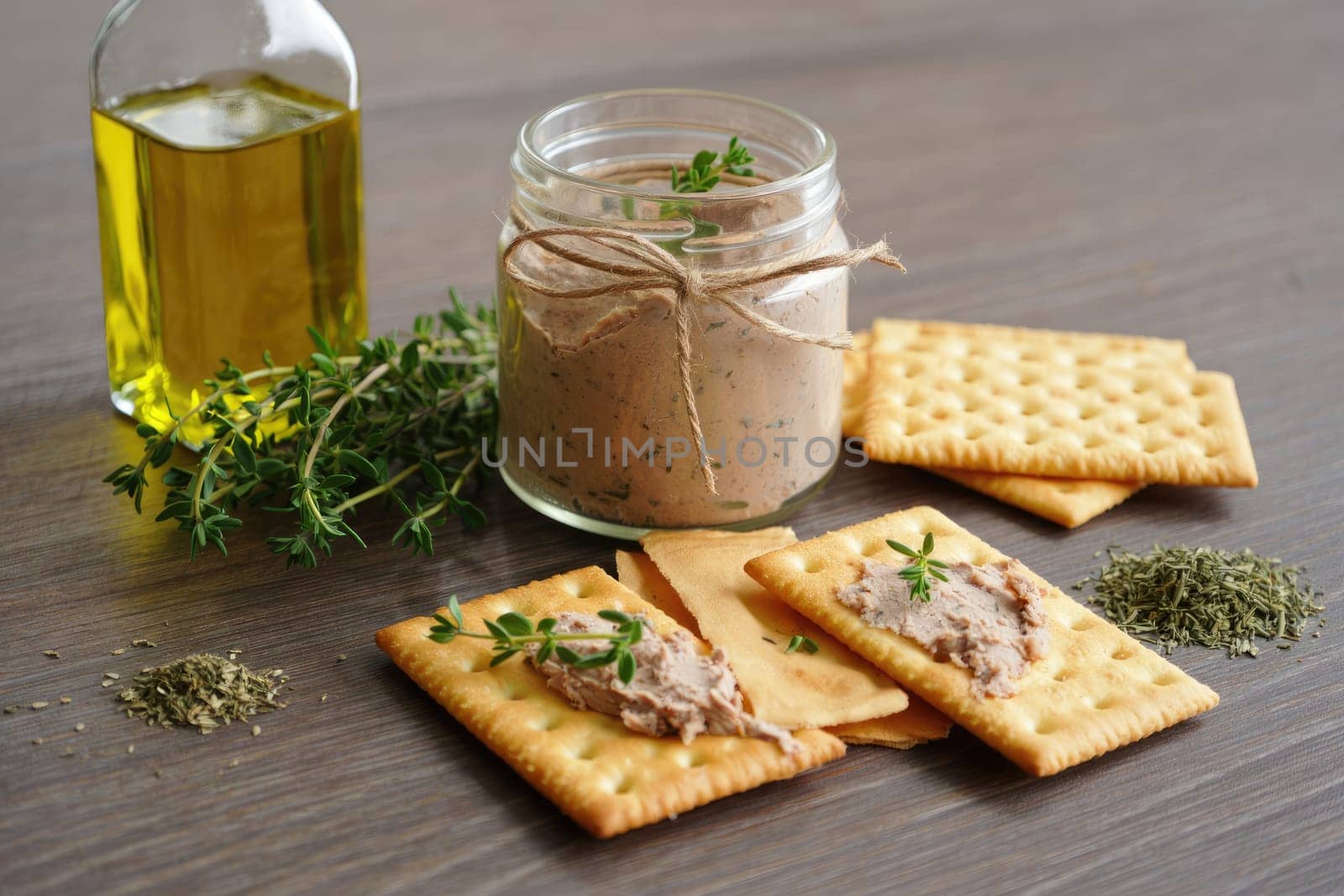 Savory spread made from blended ingredients sits in a jar next to crackers and fresh herbs. Olive oil is also present, completing the rustic presentation on a wooden table.