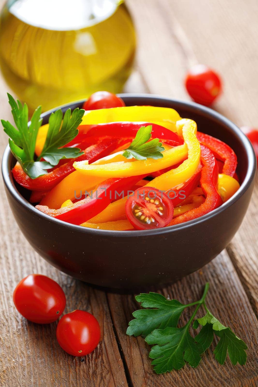 Brightly colored strips of red and yellow bell peppers are mixed with cherry tomatoes and fresh parsley in a bowl. Olive oil and rustic wood create a warm atmosphere.