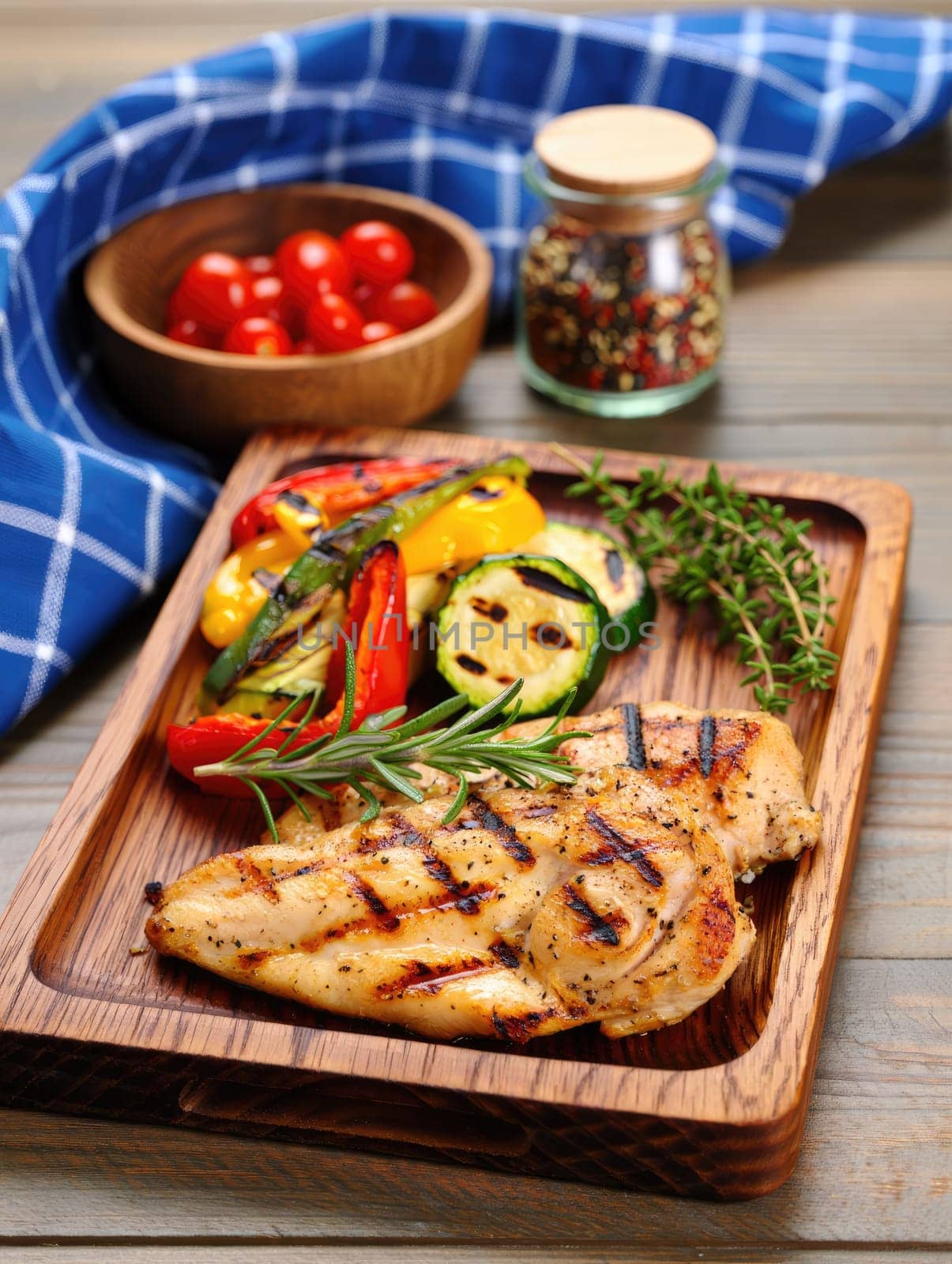 A delicious grilled chicken breast is plated alongside colorful grilled vegetables including bell peppers and zucchini. Fresh herbs enhance the dish in a warm and inviting kitchen environment.