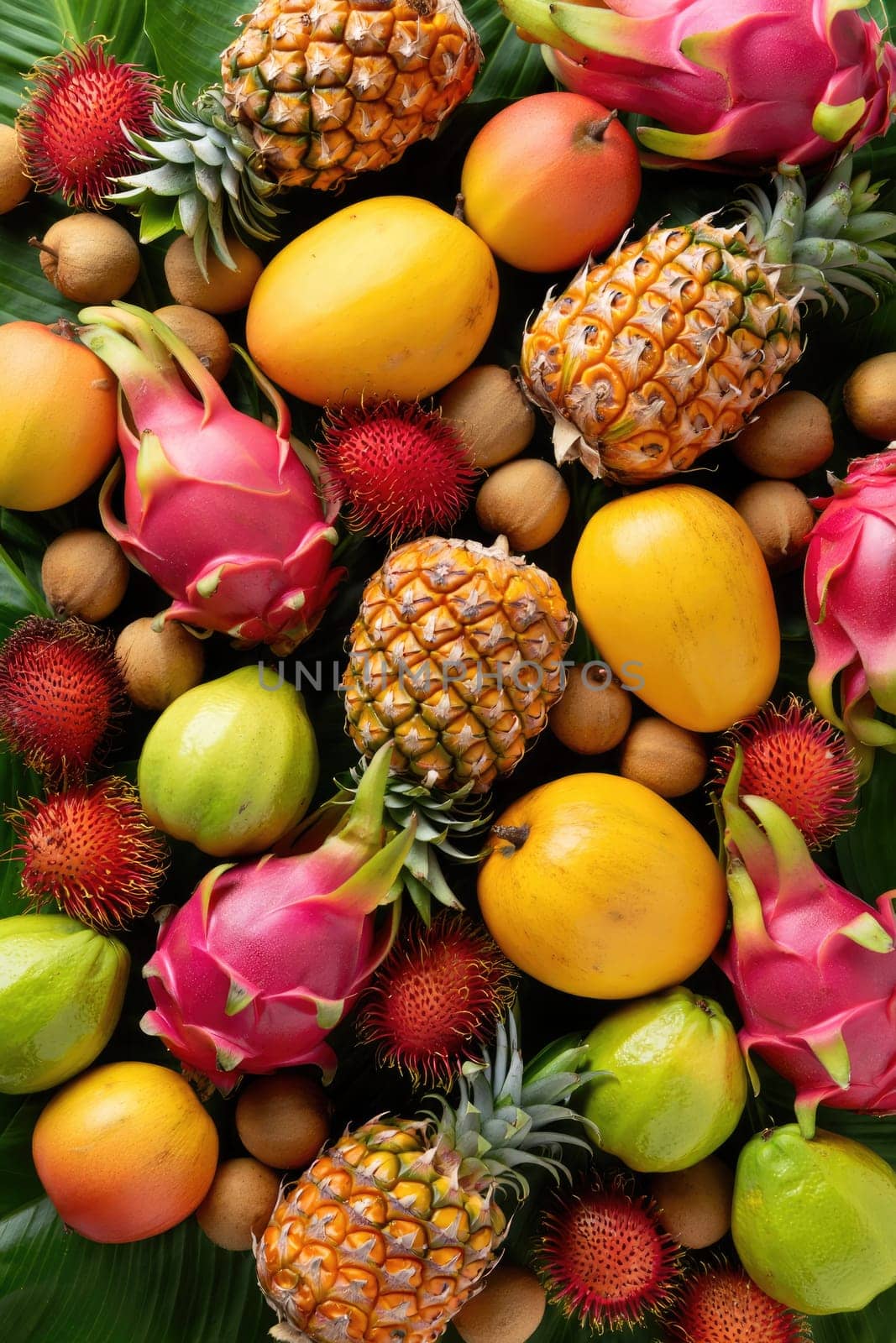 A vibrant assortment of tropical fruits is artistically arranged atop lush green leaves.