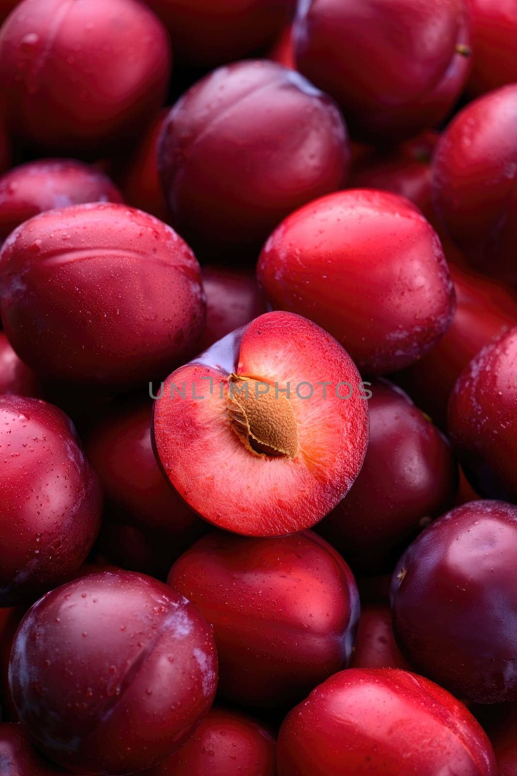 A vibrant collection of plums displays a rich variety of red hues. Droplets of water cling to their shiny skin, enhancing their appetizing appearance and indicating freshness.