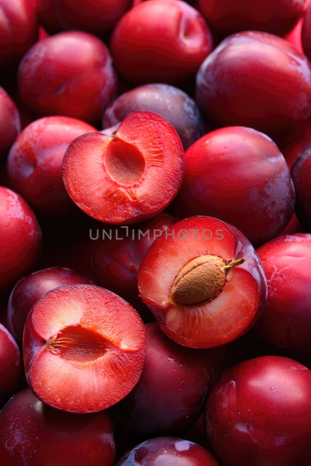 Bright red plums are clustered closely together, showcasing their shiny skin. Some are sliced in half, exposing their juicy interior with a central pit. A display of freshness inviting tasting.