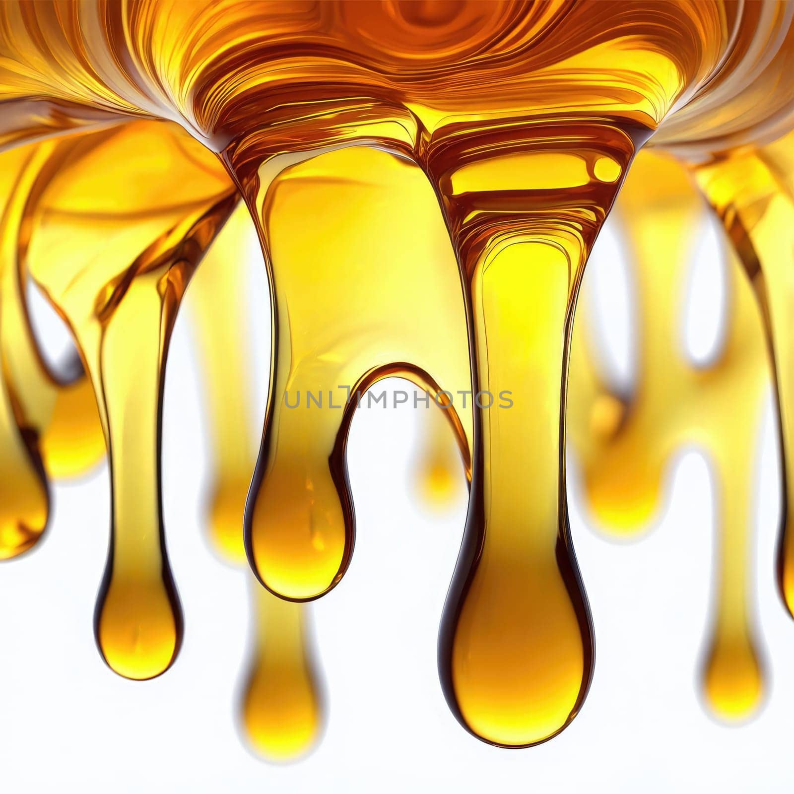 Golden honey flows steadily from a spoon, forming smooth, glossy drops that catch the light. The rich, vibrant color suggests sweetness and warmth, inviting a taste.