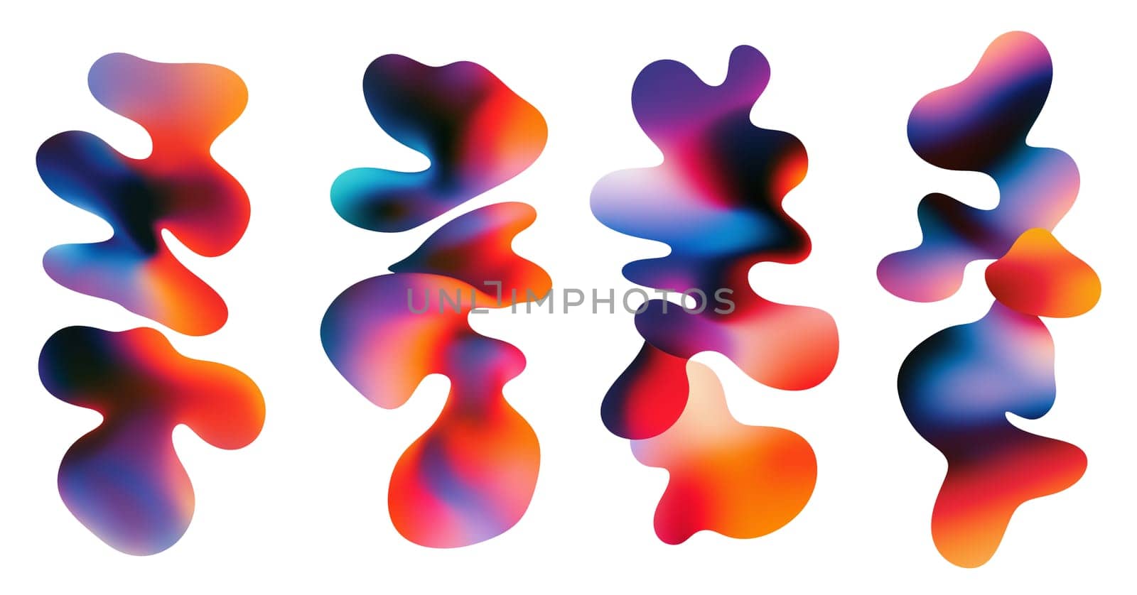 Swirling, colorful shapes blend seamlessly into one another, creating a dynamic visual arrangement. The vibrant hues of orange, blue, and purple evoke a sense of movement and fluidity throughout.