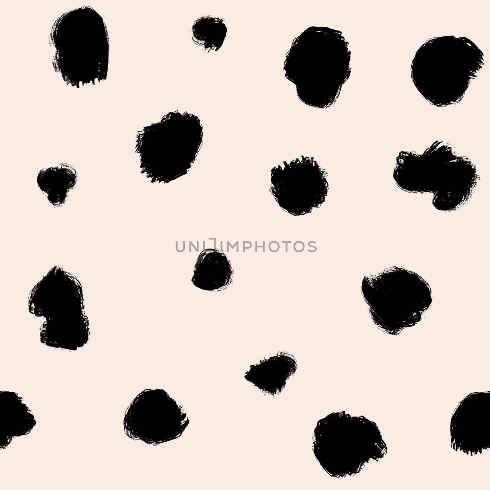 seamless hand drawn watercolor pattern. Small black loose shape dots spots blobs on beige cream white isolated background looking like seeds in tropical fruit all-purpose abstract texture modern geometric