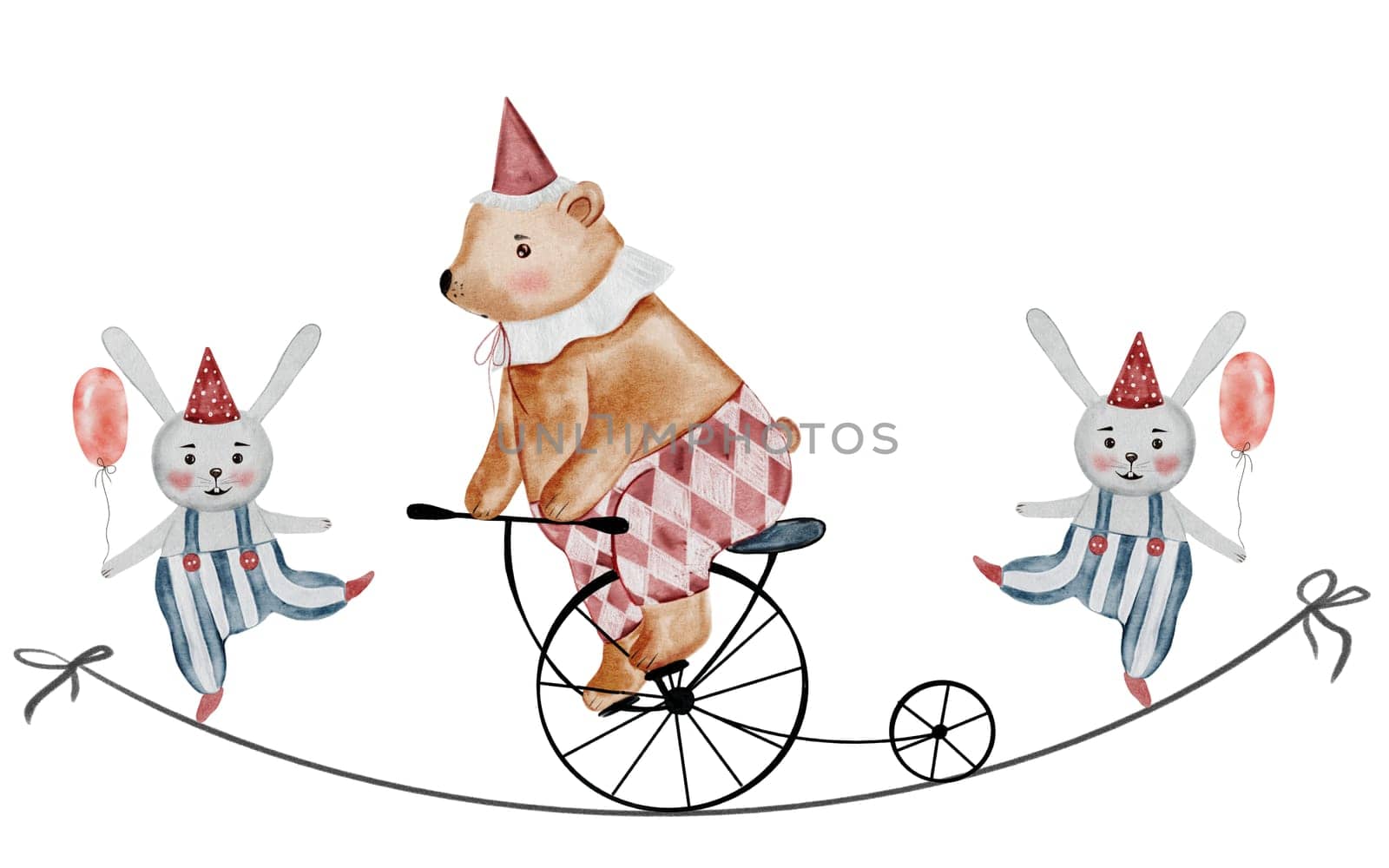 Circus watercolor. Illustration of a Circus bear riding a bicycle on a tightrope and the acrobat bunnies. Hand drawn cute animals on isolated white background. Clip art of a bear in a festive cap, with a collar and pants. Perfect for posters and cards for baby shower. Drawing for children