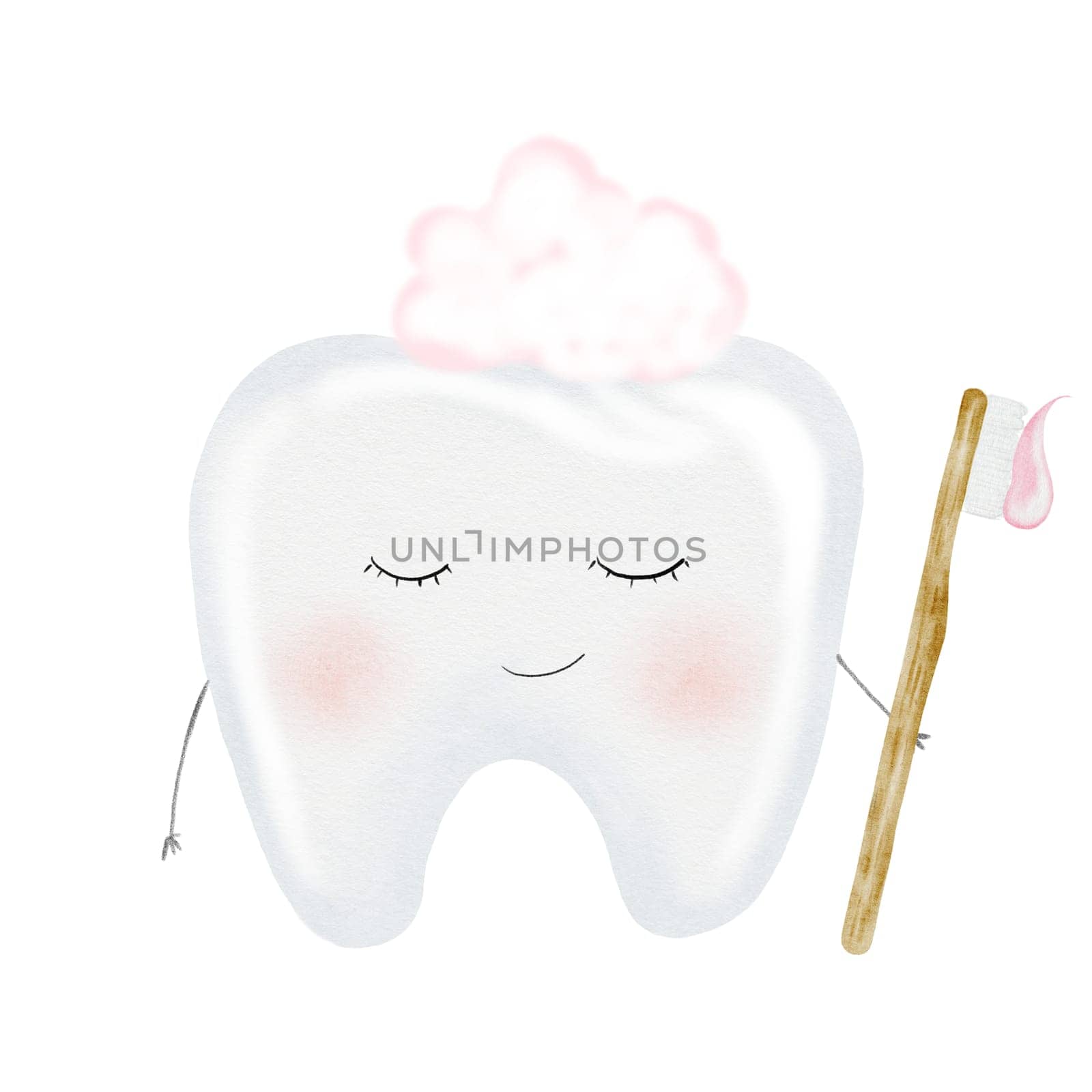 Tooth watercolor. Cute cartoon baby molar with toothbrush on isolated white background. Dental clip art. Ideal for cards and invitations to the party baby's first tooth, posters in the doctor's office. High quality illustration