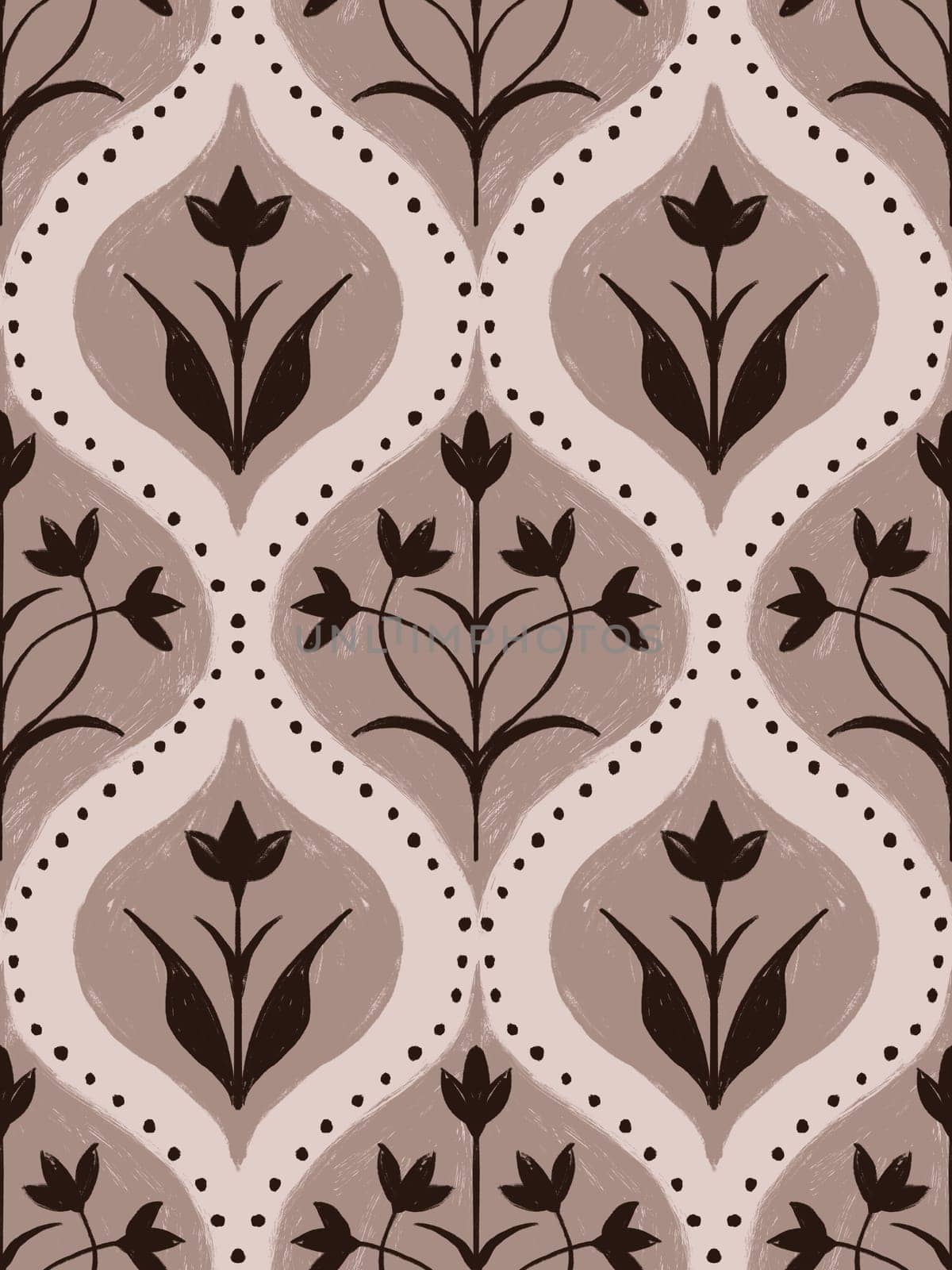 Hand drawn seamless pattern with brown flowers leaves on beige background. Traditional classical victorian ornament for wallpaper textile, art deco style floral design, ornamental decor