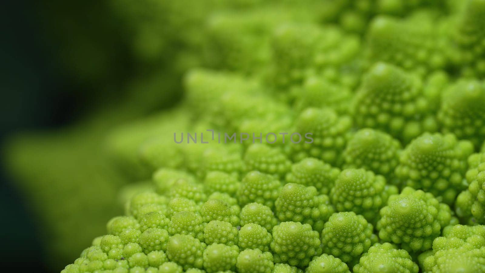 Stunning macro footage of fresh Romanesco cabbage, showcasing intricate fractal patterns, vibrant green color. Healthy eating, organic food, natures geometric beauty. High quality