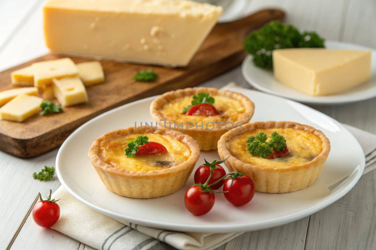 Four baked egg tarts are beautifully arranged on a round white plate. Cherry tomatoes and fresh herbs complement the tarts, adding color.
