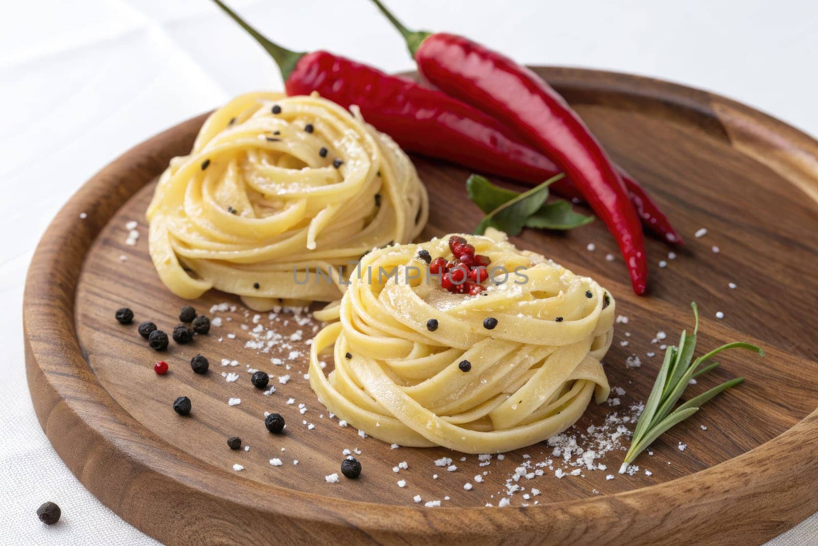 Twirls of fresh pasta are artfully arranged on a rustic wooden plate, accompanied by vibrant chili peppers and a sprinkle of peppercorns, creating an inviting culinary display.