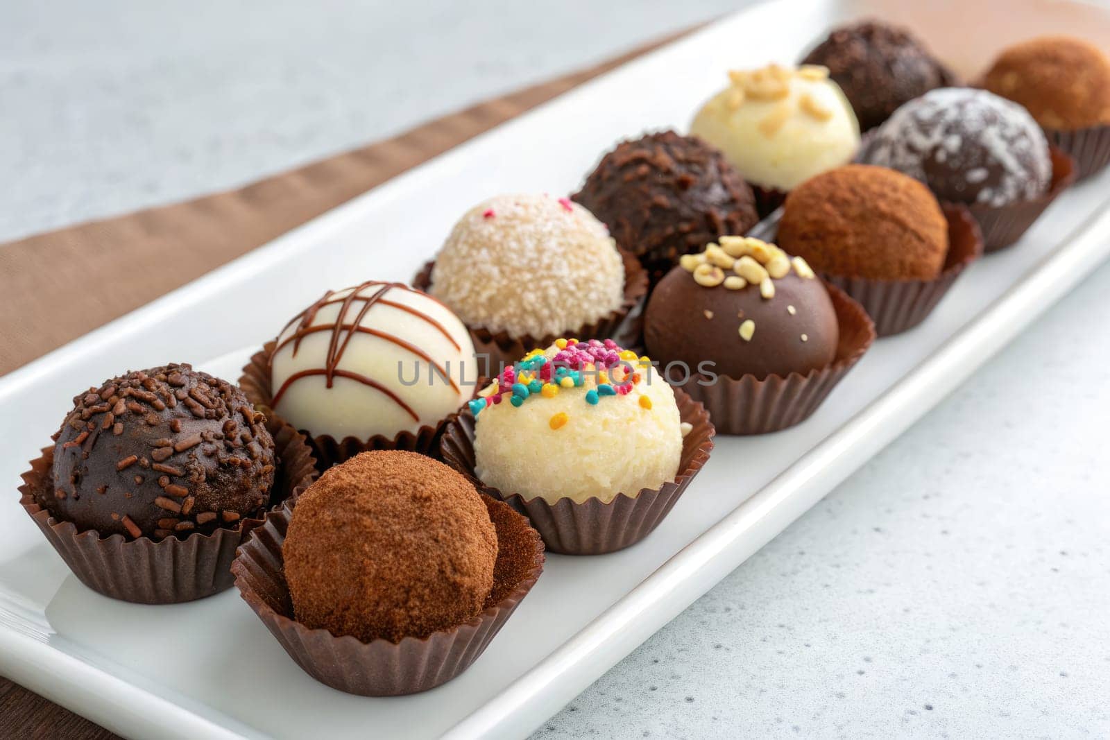Assorted handmade truffles displayed on a white platter showcase a variety of coatings, colors, and textures, creating an enticing treat perfect for any chocolate lover at a dessert event.