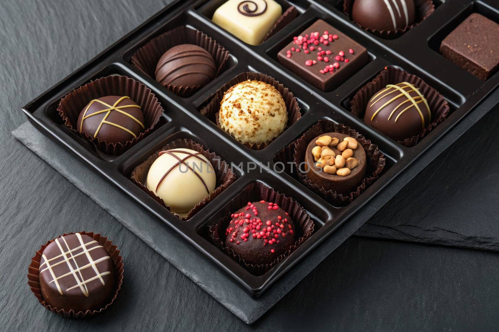 A collection of handmade chocolates displayed in an elegant black tray showcases a variety of flavors and designs. Each piece is uniquely crafted for a delightful tasting experience.