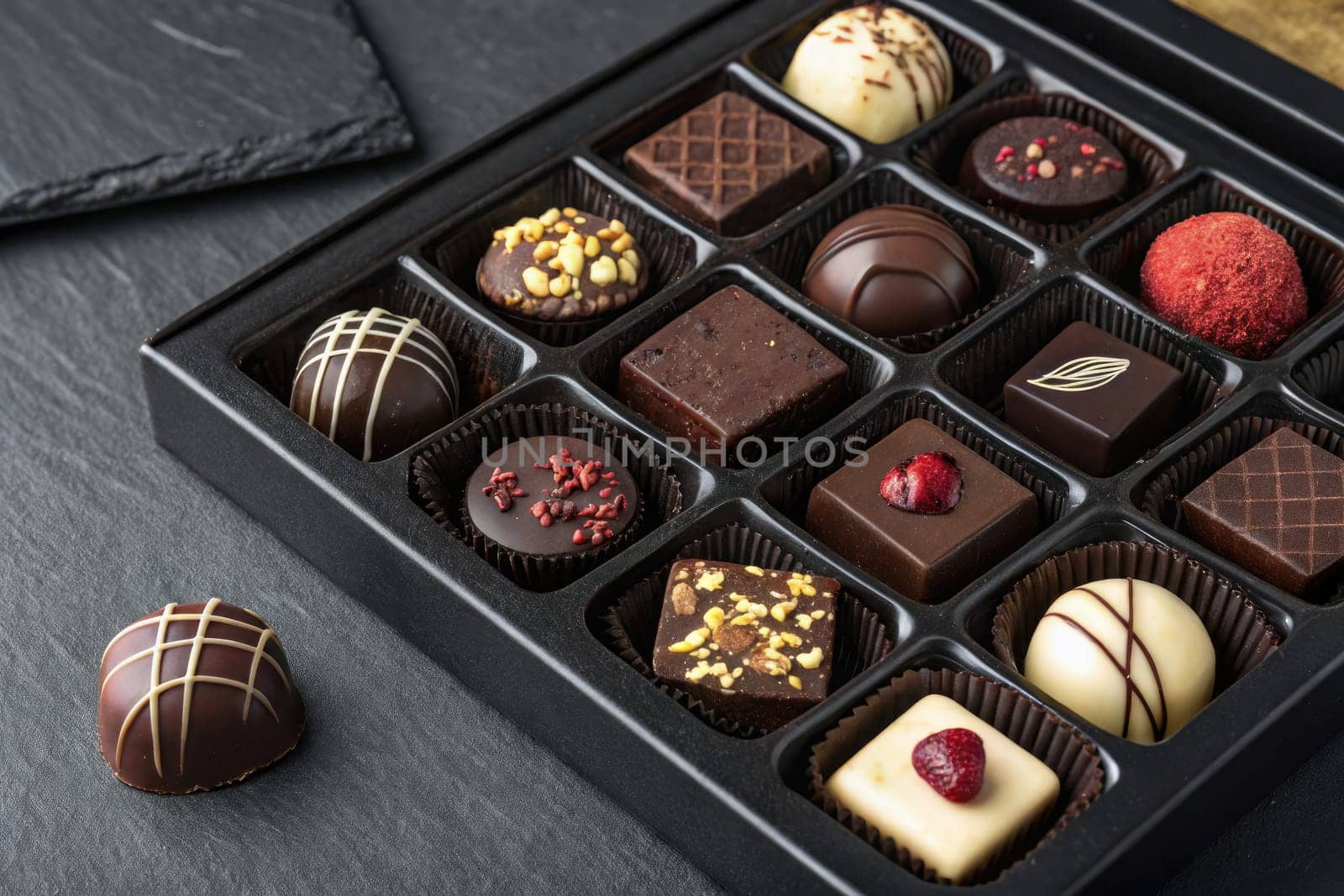 A carefully arranged collection of handmade chocolates showcases various flavors and decorations. The neat presentation highlights attention to detail and craftsmanship, making it an inviting treat.