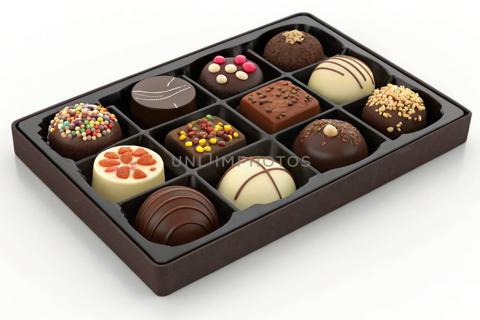 A beautifully arranged box filled with assorted handmade chocolates of various flavors and decorations. Each piece features unique toppings and designs, showcasing artistry and craftsmanship.